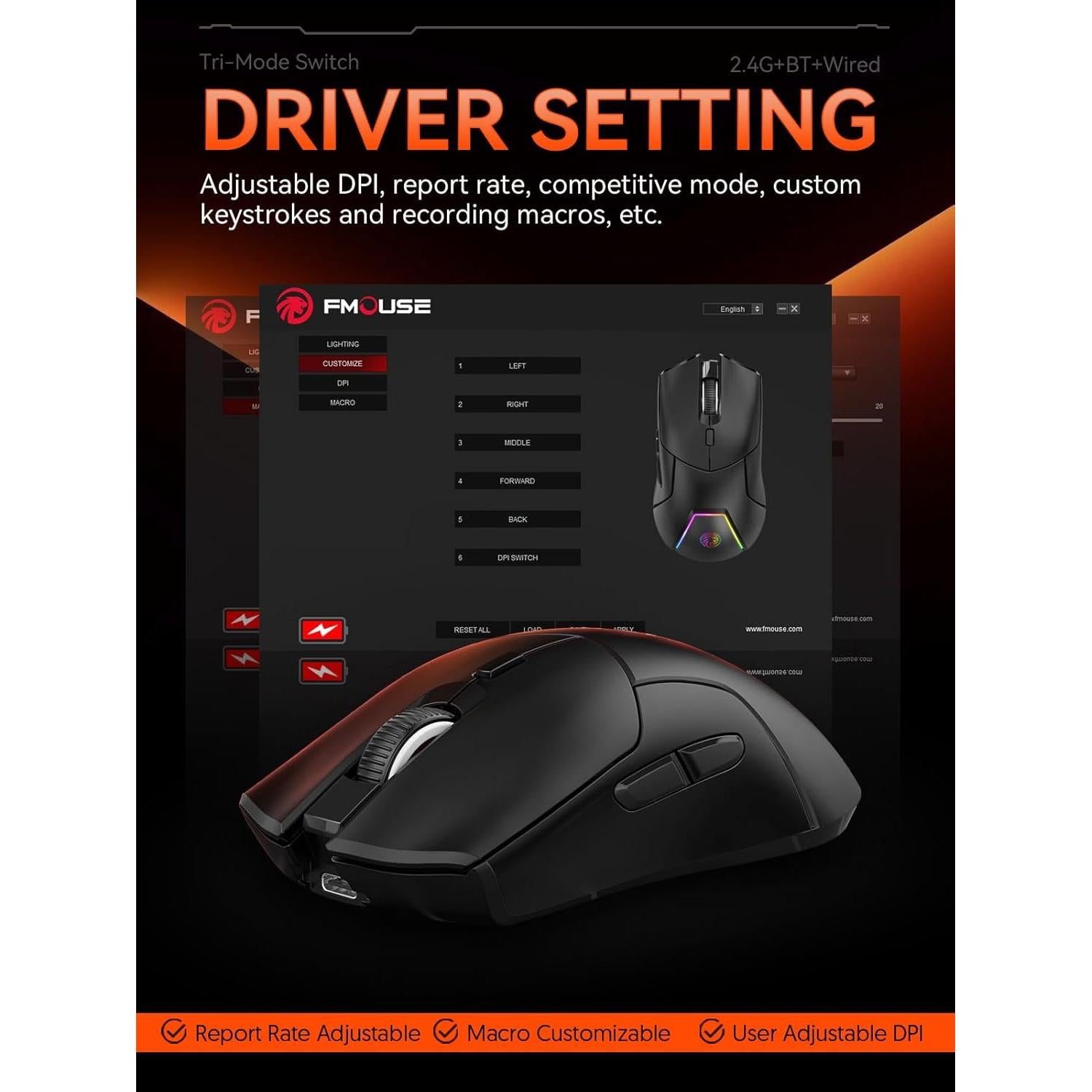 Ratón Gaming Inalámbrico FMOUSE M501, 12000 DPI, Ergonómico
