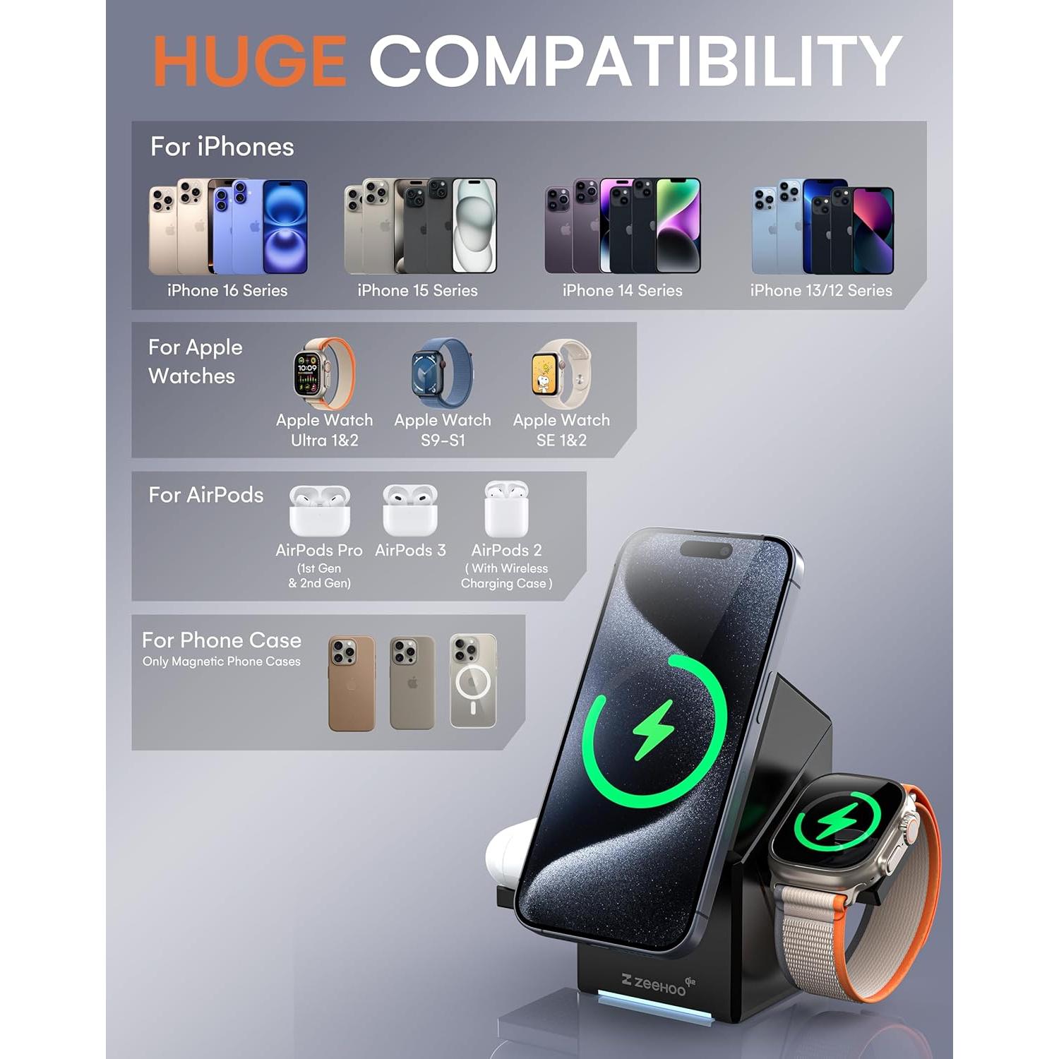 Estación de Carga 3 en 1 ZEEHOO para iPhone, Apple Watch y AirPods