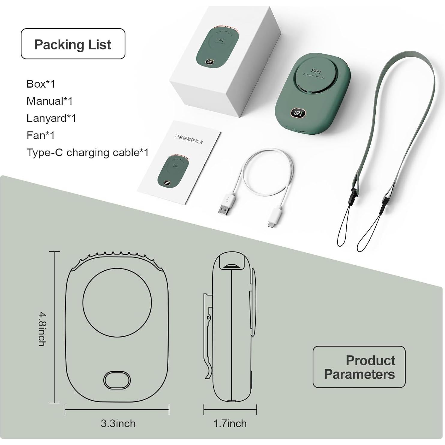 Ventilador de Cuello Portátil PiKaPiKaP Verde 3 Velocidades