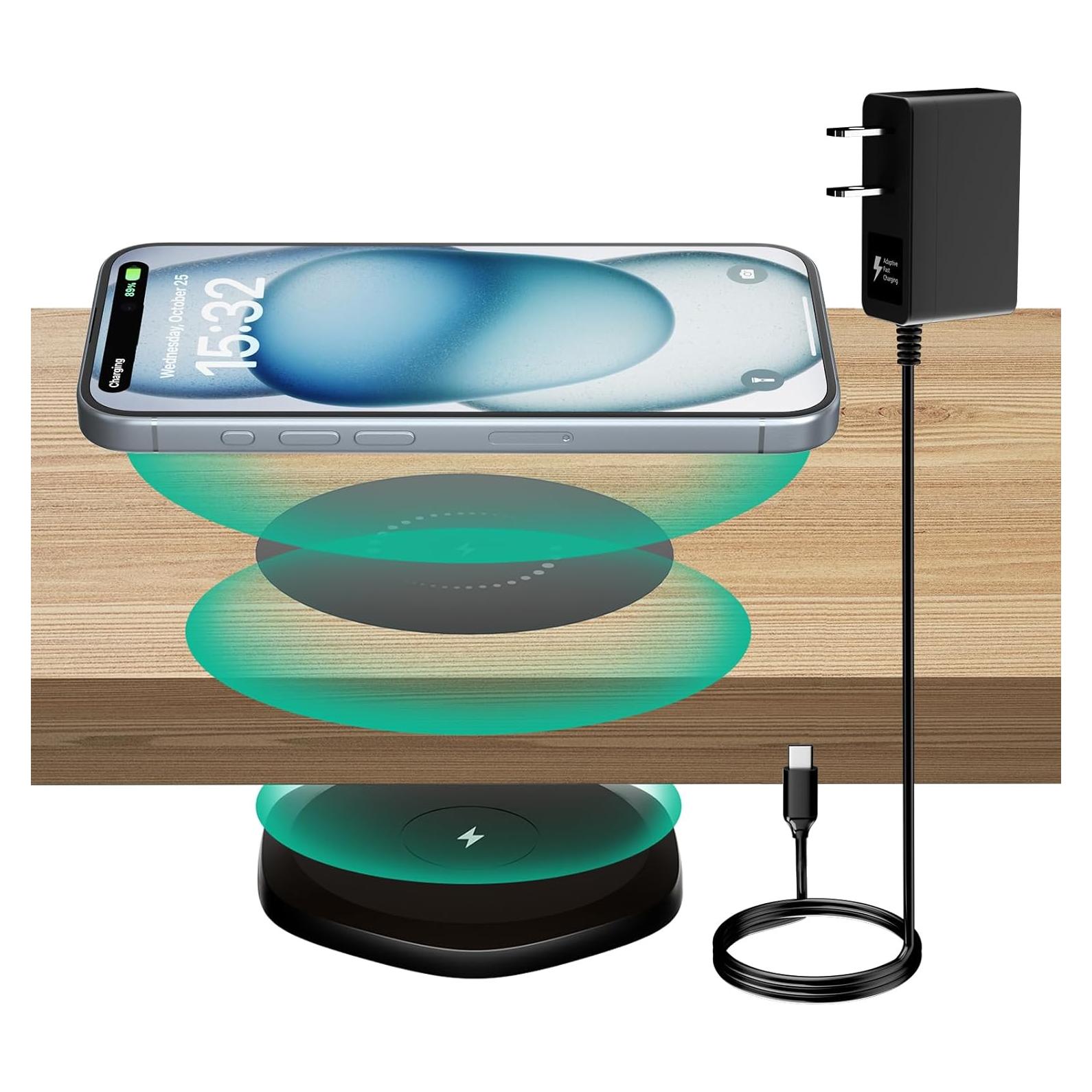 KPON Invisible Wireless Charger,30mm Under Desk Charger Mat, Furniture Table Nightstand Desktop Charging Station for iPhone16/15/14/13/12/11/Samsung/LG/Google Pixel Desk Essentials(with QC Adapter)