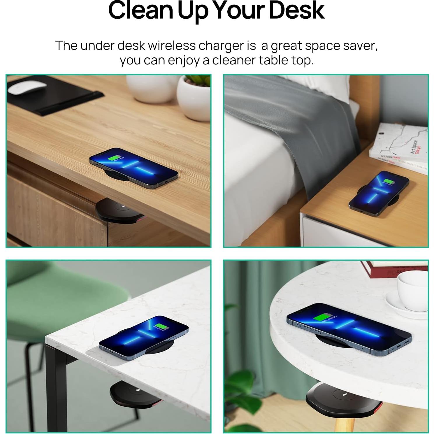 KPON Invisible Wireless Charger,30mm Under Desk Charger Mat, Furniture Table Nightstand Desktop Charging Station for iPhone16/15/14/13/12/11/Samsung/LG/Google Pixel Desk Essentials(with QC Adapter)