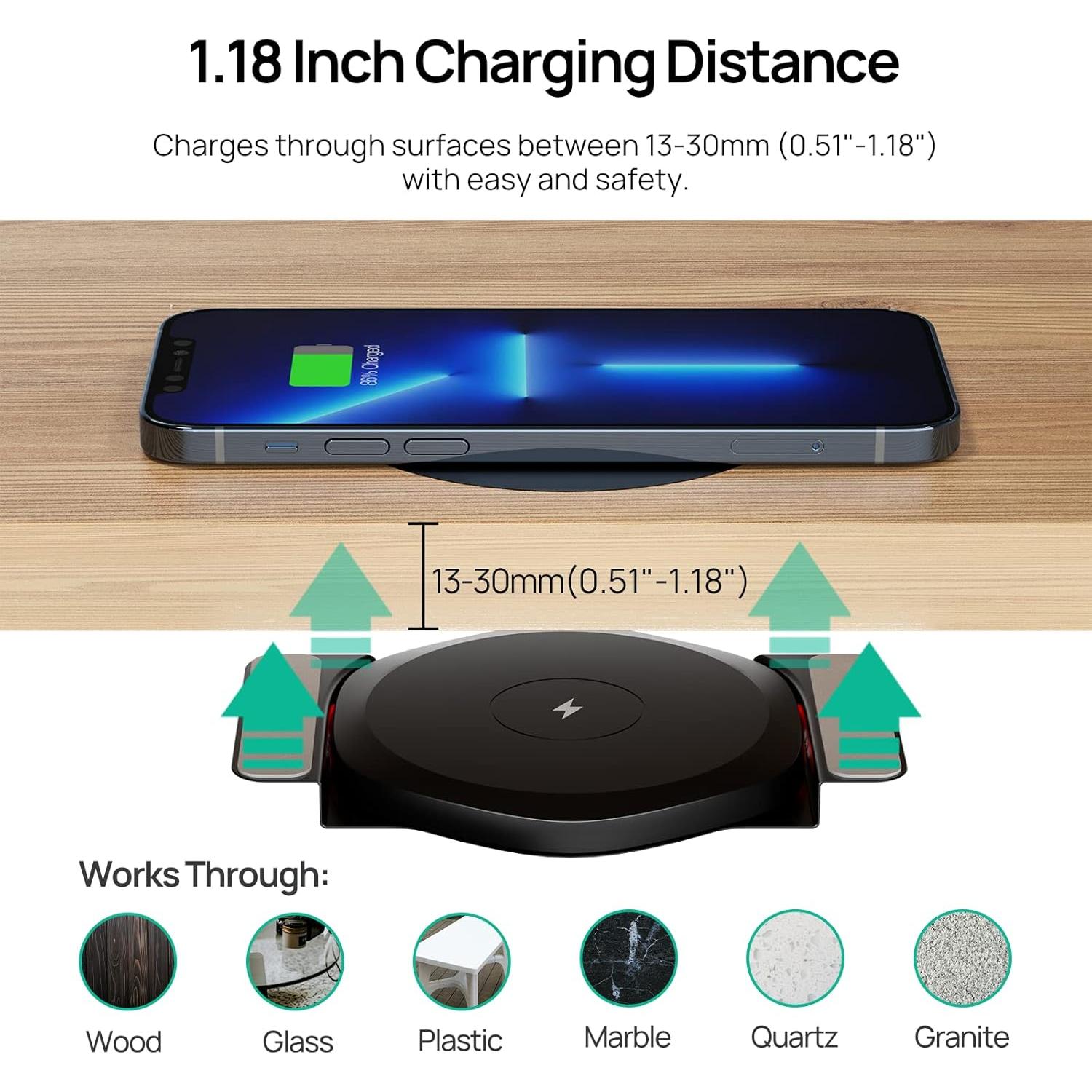 KPON Invisible Wireless Charger,30mm Under Desk Charger Mat, Furniture Table Nightstand Desktop Charging Station for iPhone16/15/14/13/12/11/Samsung/LG/Google Pixel Desk Essentials(with QC Adapter)