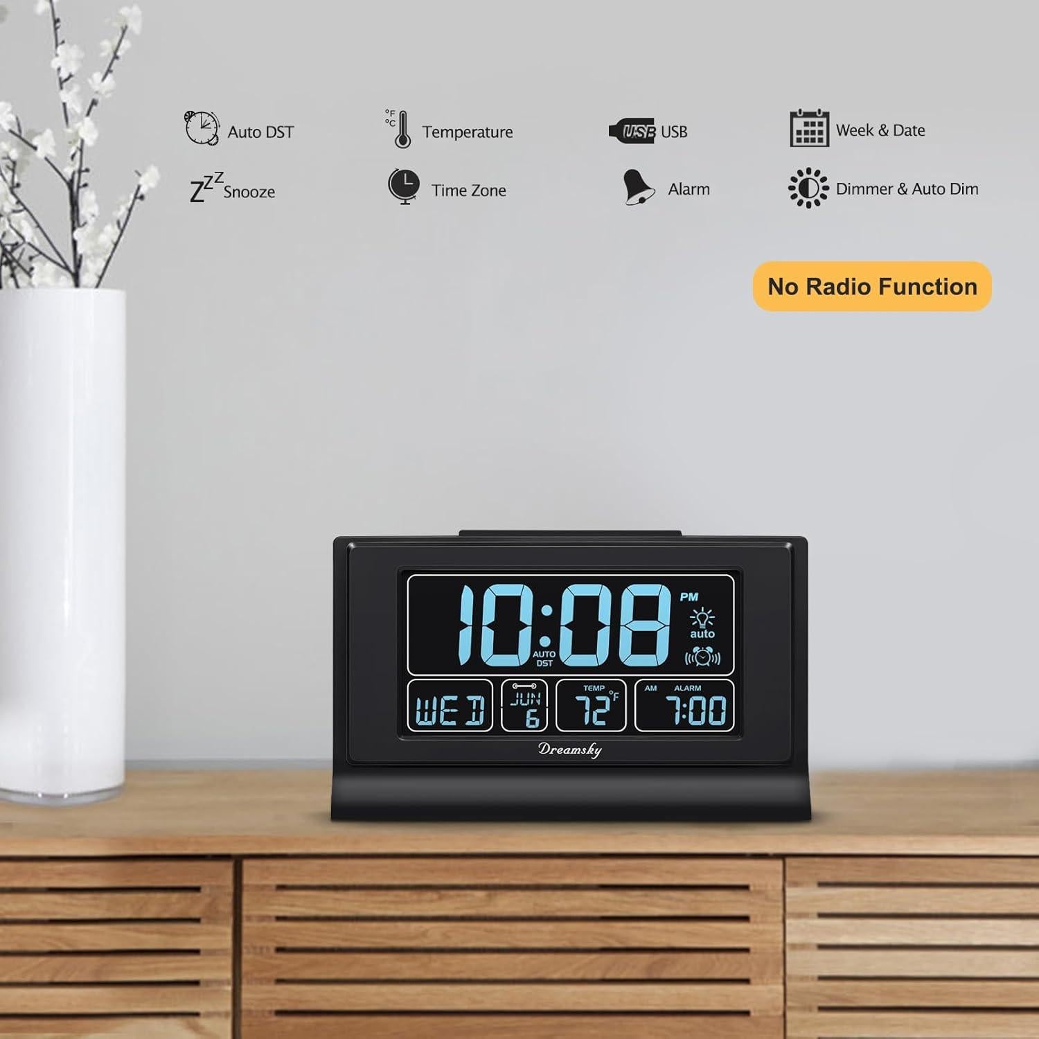 Reloj Despertador Digital DreamSky con Pantalla Grande y USB