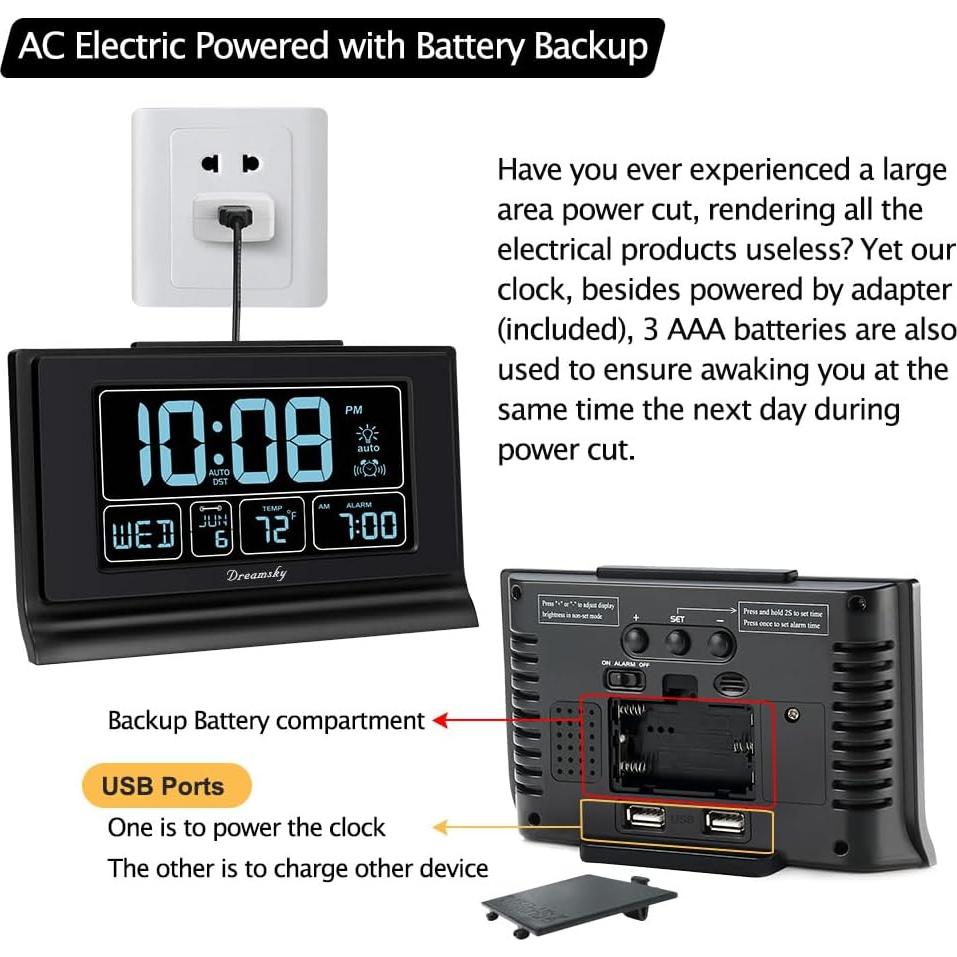 Reloj Despertador Digital DreamSky con Pantalla Grande y USB