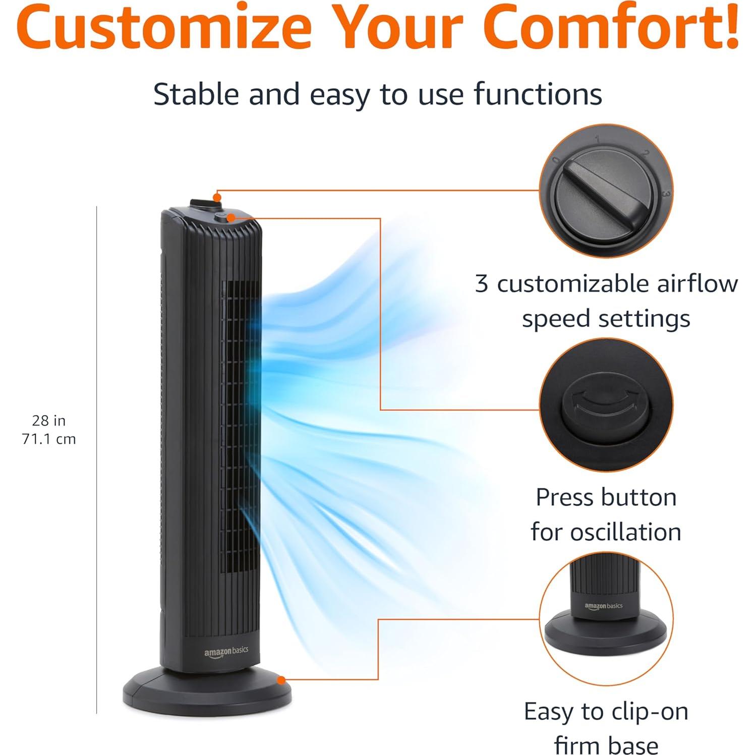 Ventilador de Torre Oscilante Amazon Basics 71.12 cm 35W Negro