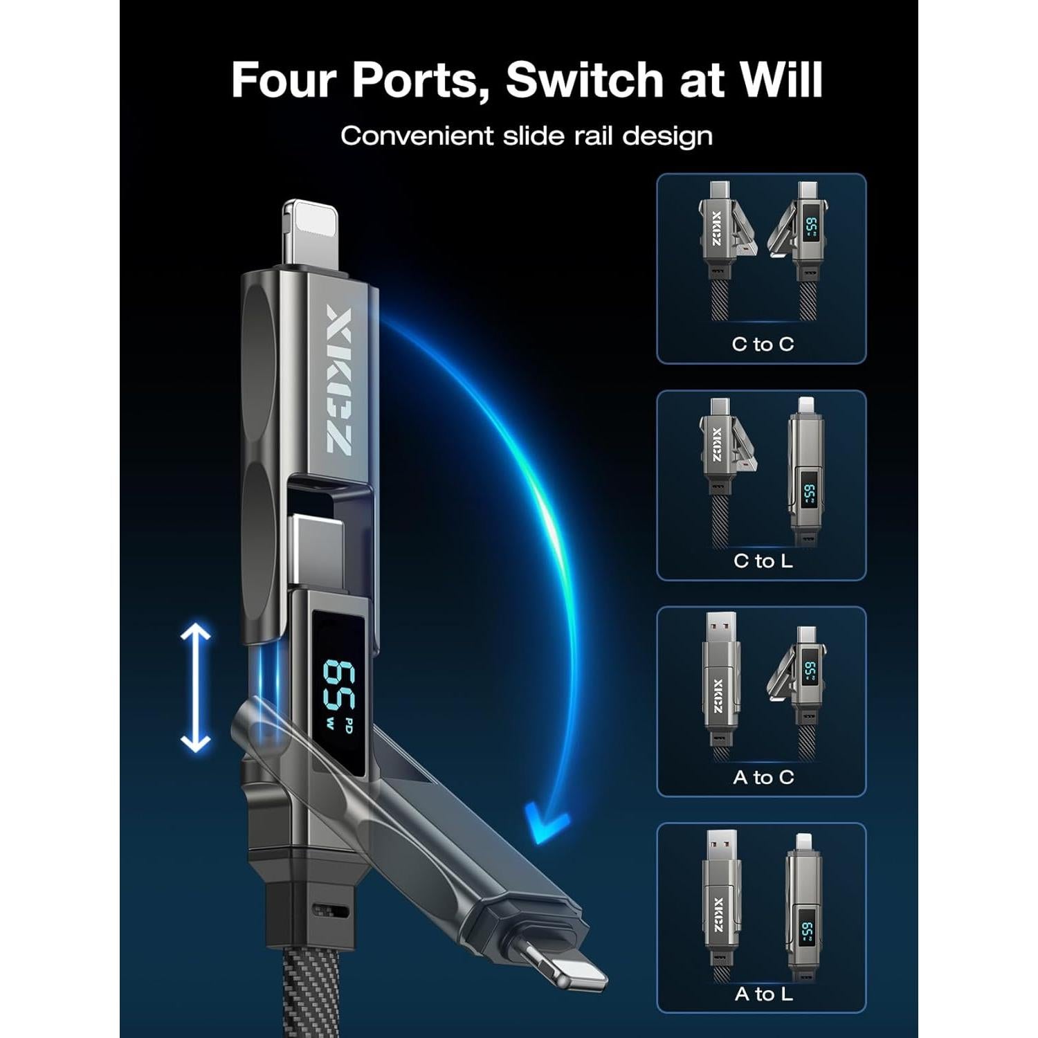 Cable USB C 4 en 1 XKCZ 0.91m Carga Rápida 65W Pantalla