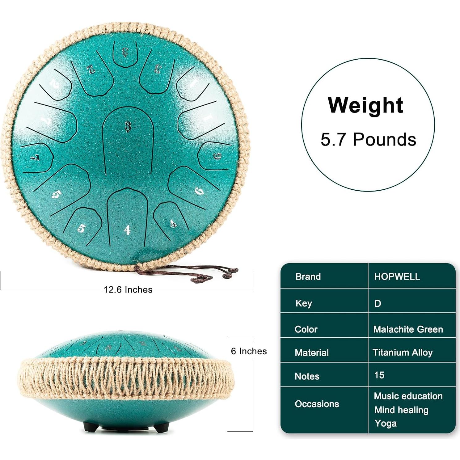 Tambor de Lengua de Acero Hopwell 33cm 15 Notas Re Mayor Verde