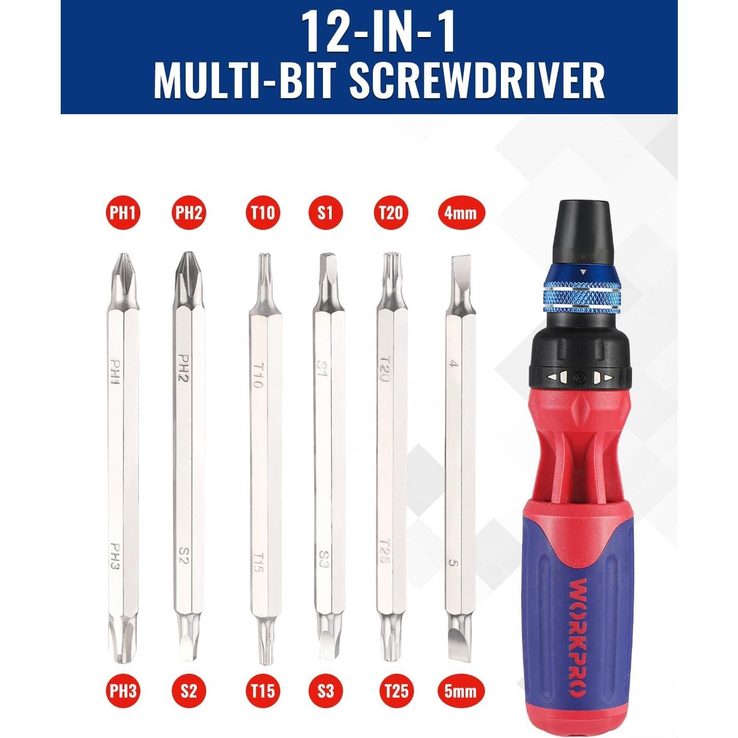 Destornillador Ratchet 12-en-1 WORKPRO con Puntas Doble Cara