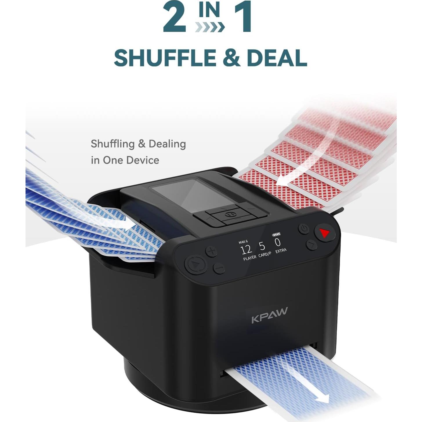 Automatic Card Shuffler and Dealer - 1-2 Decks Support 12 Players, 4 Drawing Remotes, Built-in Gameplays, 360°/180° Deal, for Poker, UNO, Phase 10, Skip-Bo, Rummy (Black)