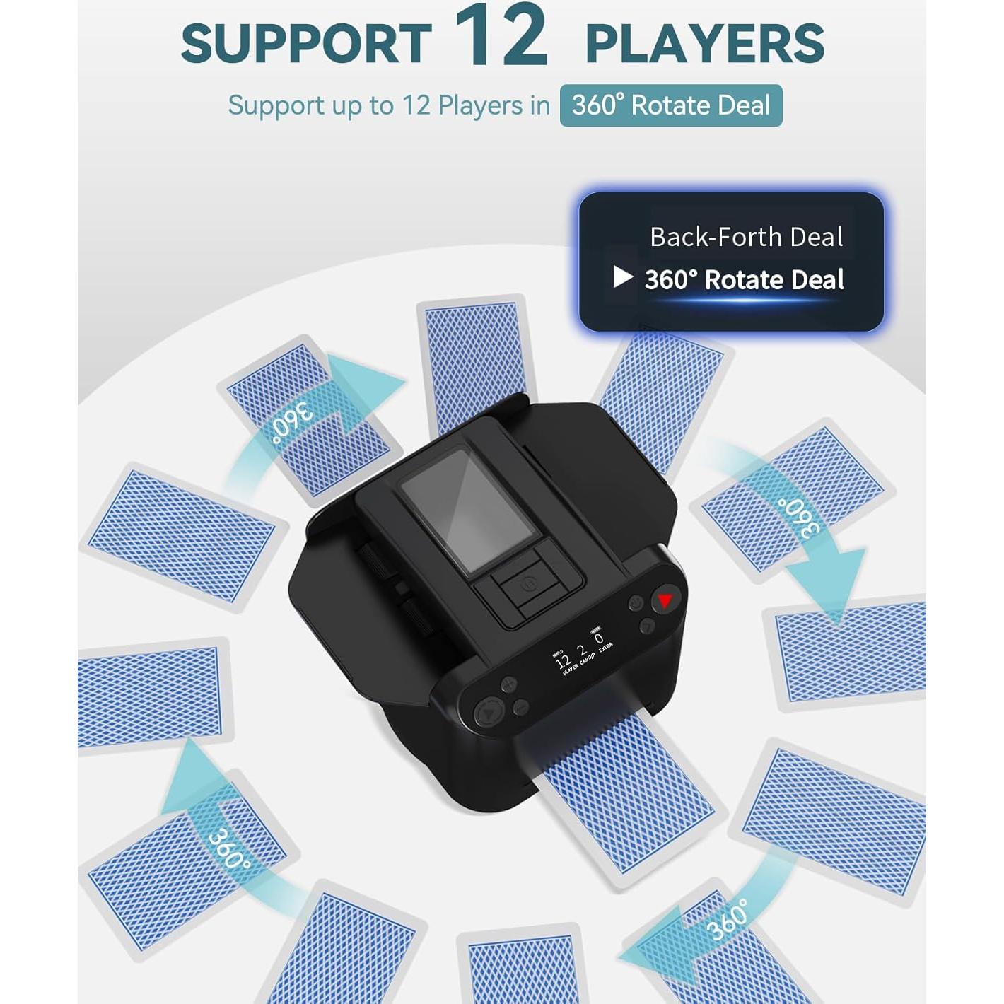 Automatic Card Shuffler and Dealer - 1-2 Decks Support 12 Players, 4 Drawing Remotes, Built-in Gameplays, 360°/180° Deal, for Poker, UNO, Phase 10, Skip-Bo, Rummy (Black)