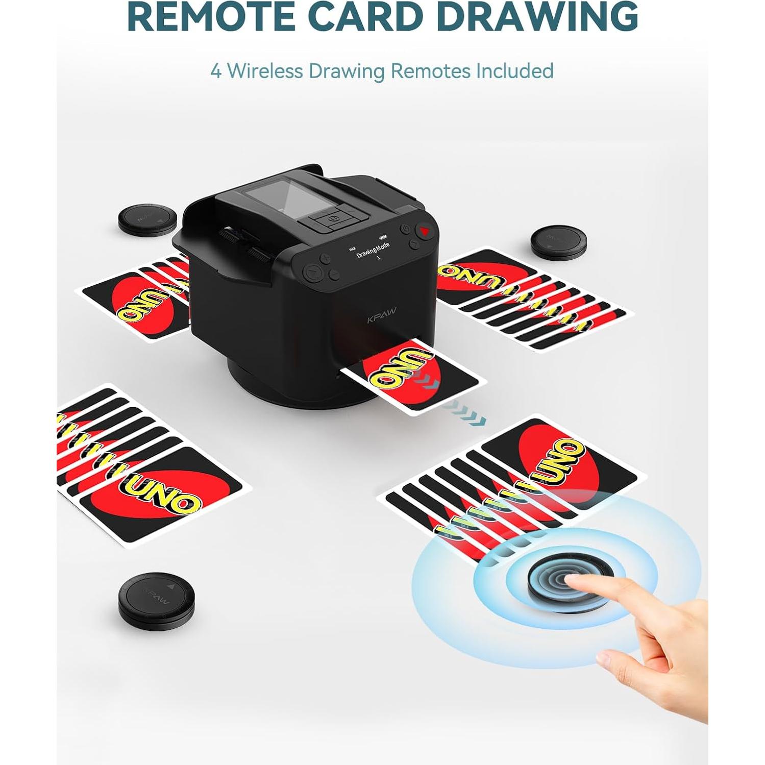 Automatic Card Shuffler and Dealer - 1-2 Decks Support 12 Players, 4 Drawing Remotes, Built-in Gameplays, 360°/180° Deal, for Poker, UNO, Phase 10, Skip-Bo, Rummy (Black)