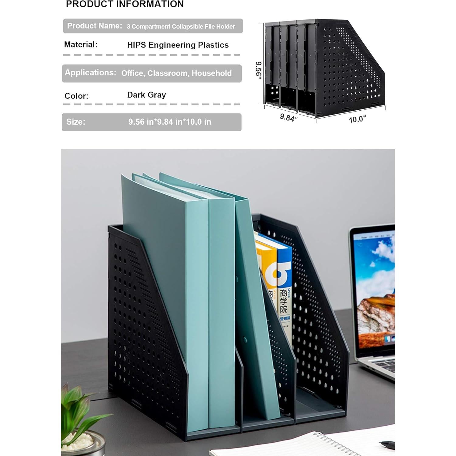 Soporte de Revistas Plegable Leven 3 Compartimentos Gris Oscuro