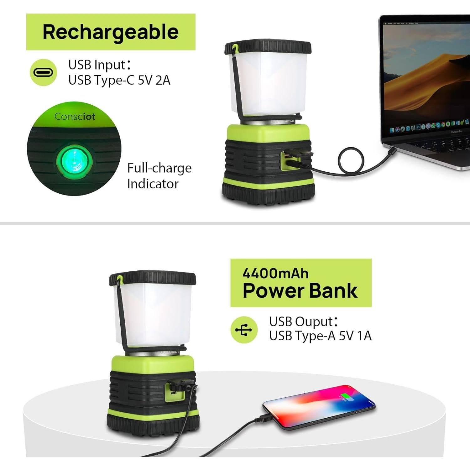 Linterna de Camping LED Consciot 1000 Lúmenes Recargable IPX4