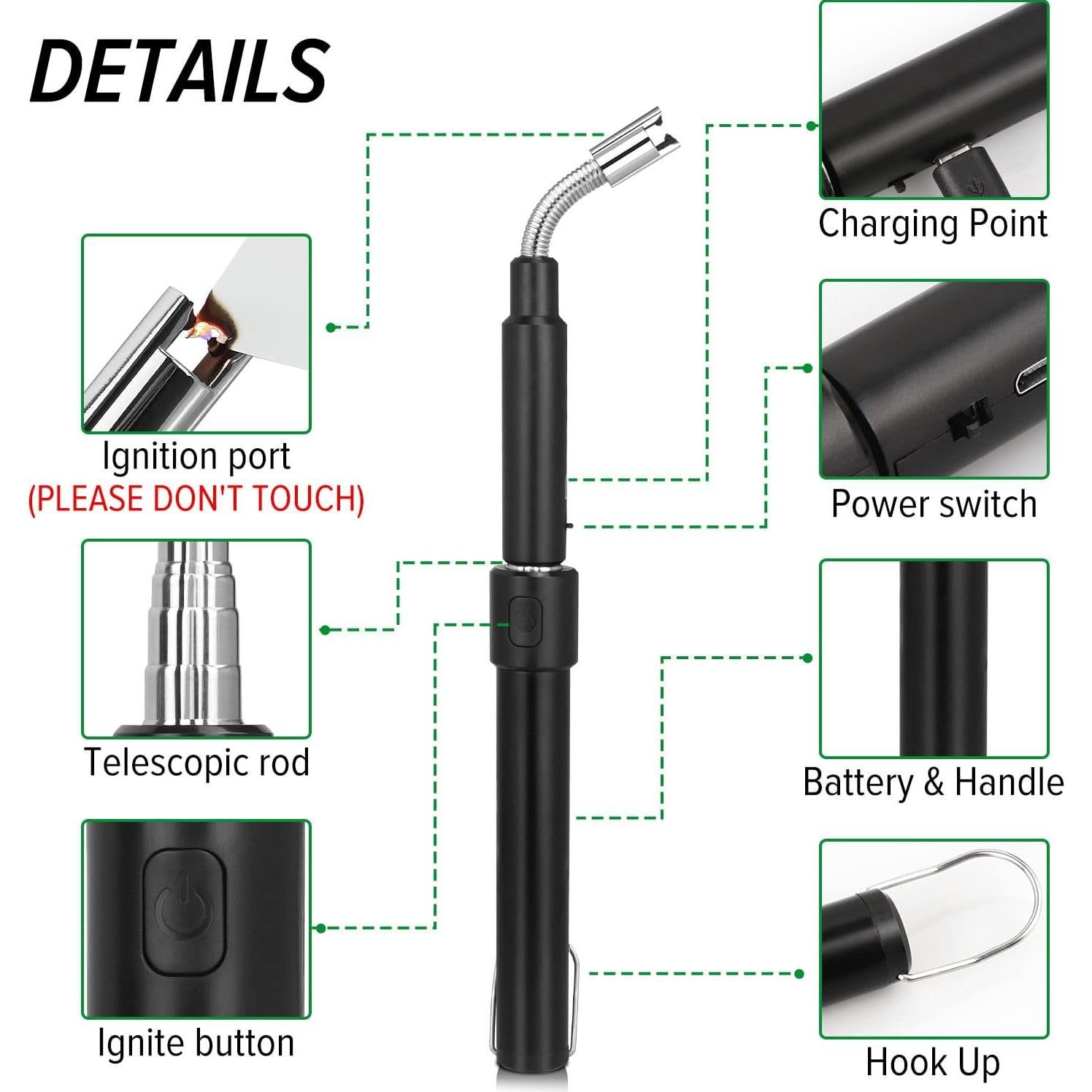 Encendedor Largo Eléctrico Flahonka Retráctil 29-70cm Negro