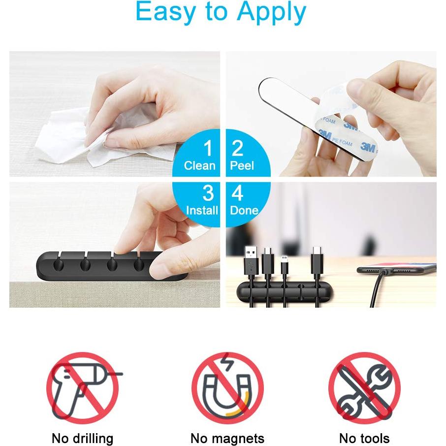 Organizador de Cables INCHOR Negro - 2 Paquetes con Clips Adhesivos