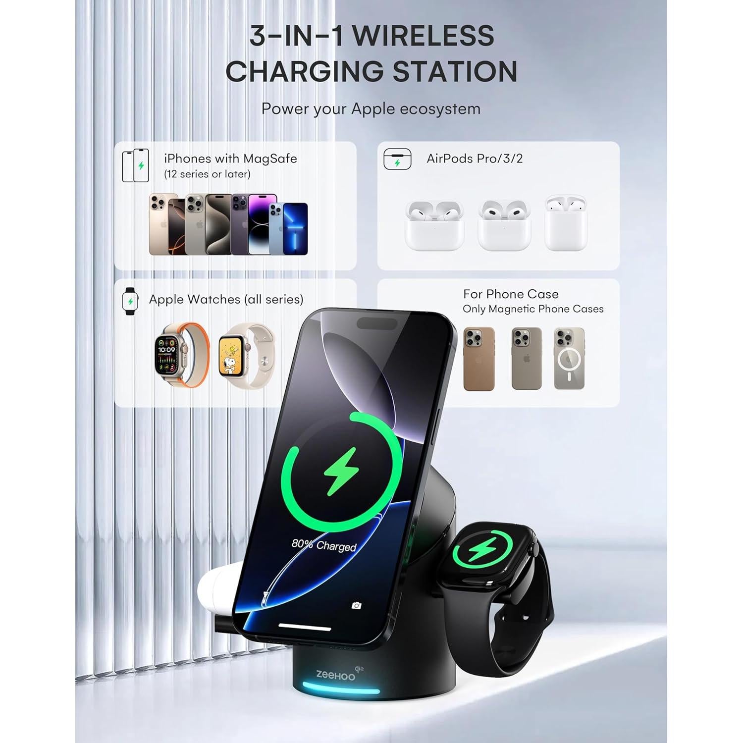 Estación de Carga 3 en 1 ZEEHOO Qi2 15W para Apple