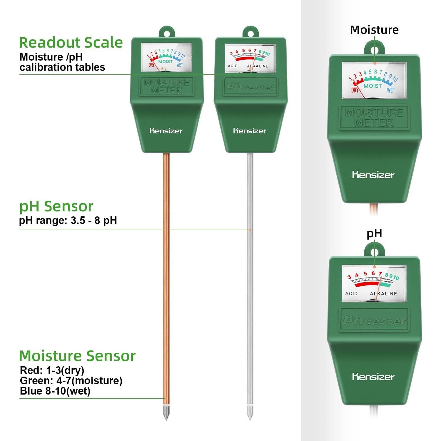 Medidor de Suelo Kensizer - Humedad y pH Digital Sin Batería
