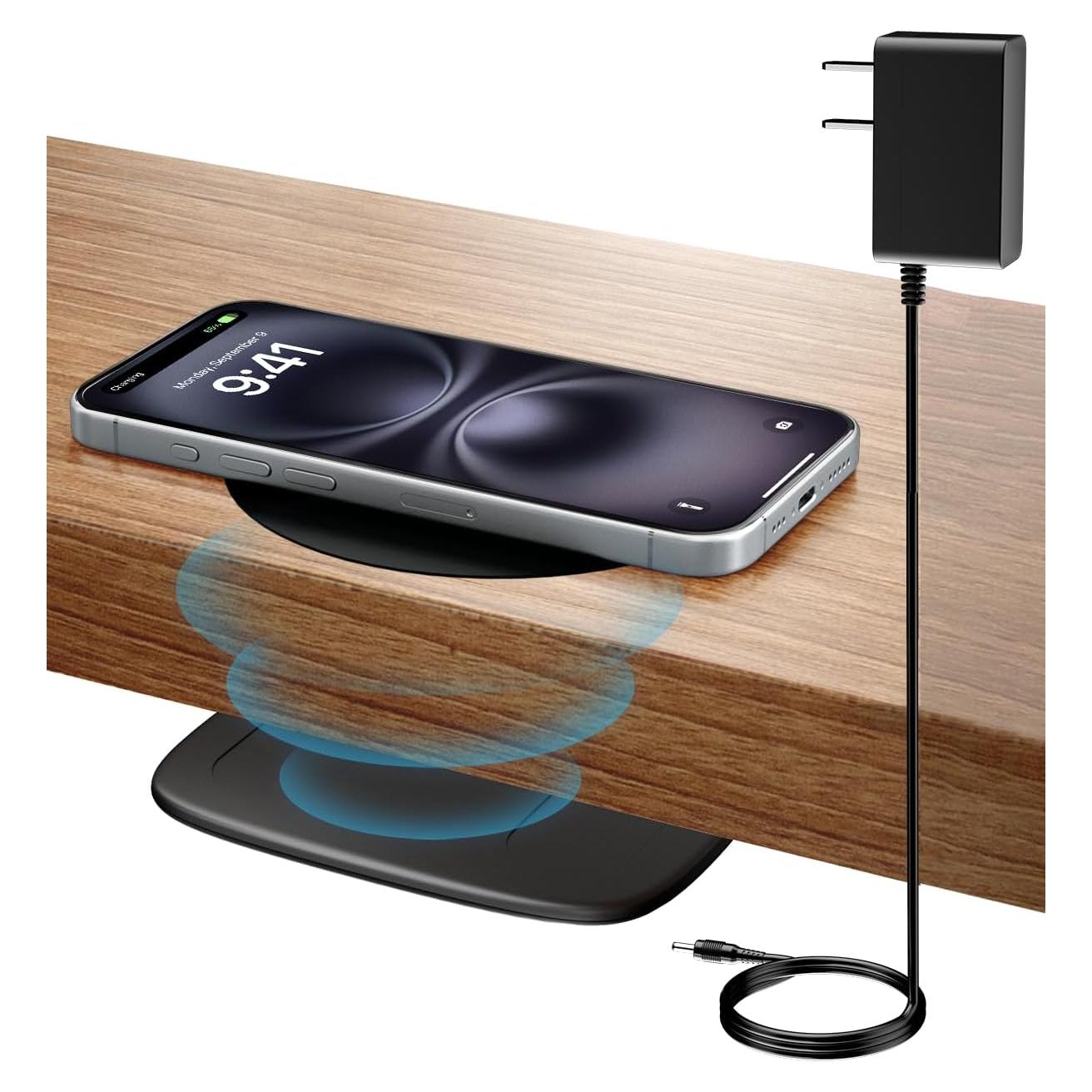 KPON Invisible Wireless Charger, 40MM(1.57") Wireless Charging Desk Mat Mouse Pad, Hidden Charging Station for iPhone 16/15/14/13/12/Samsung/Google Pixel/LG/Wireless Phones(Adapter Included)