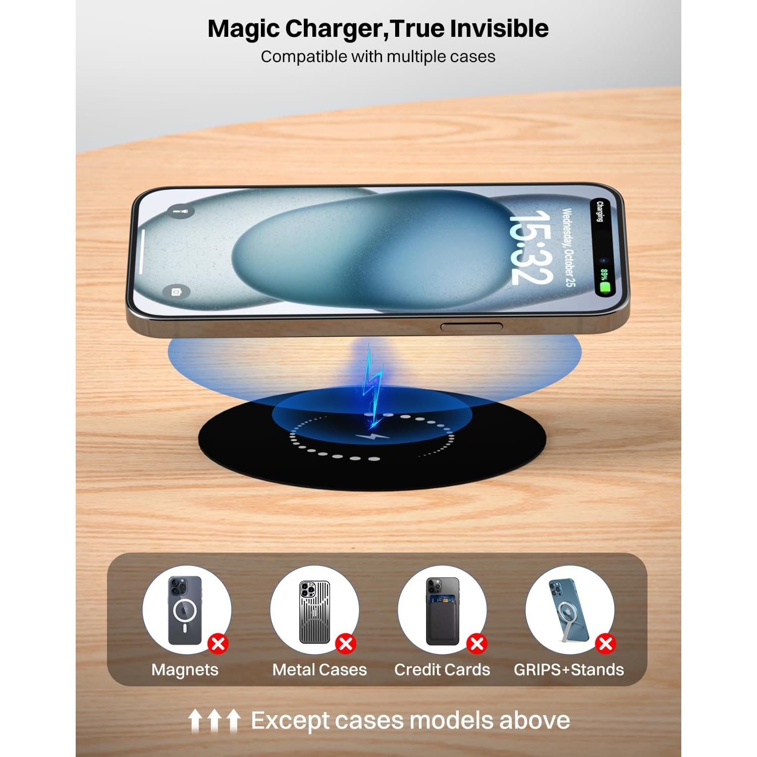 KPON Invisible Wireless Charger, 40MM(1.57") Wireless Charging Desk Mat Mouse Pad, Hidden Charging Station for iPhone 16/15/14/13/12/Samsung/Google Pixel/LG/Wireless Phones(Adapter Included)