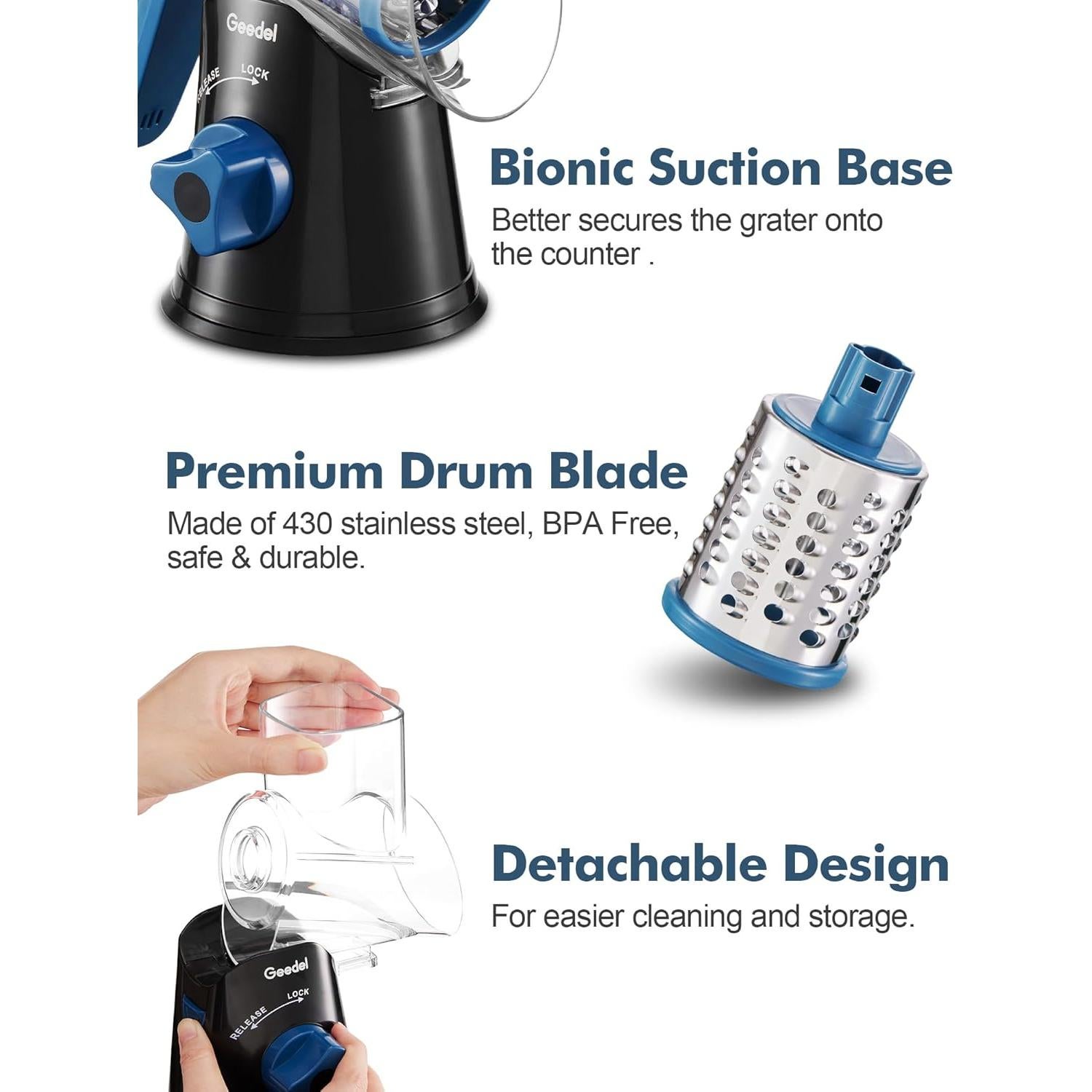 Rallador de Queso Rotativo Geedel con 3 Cuchillas Intercambiables