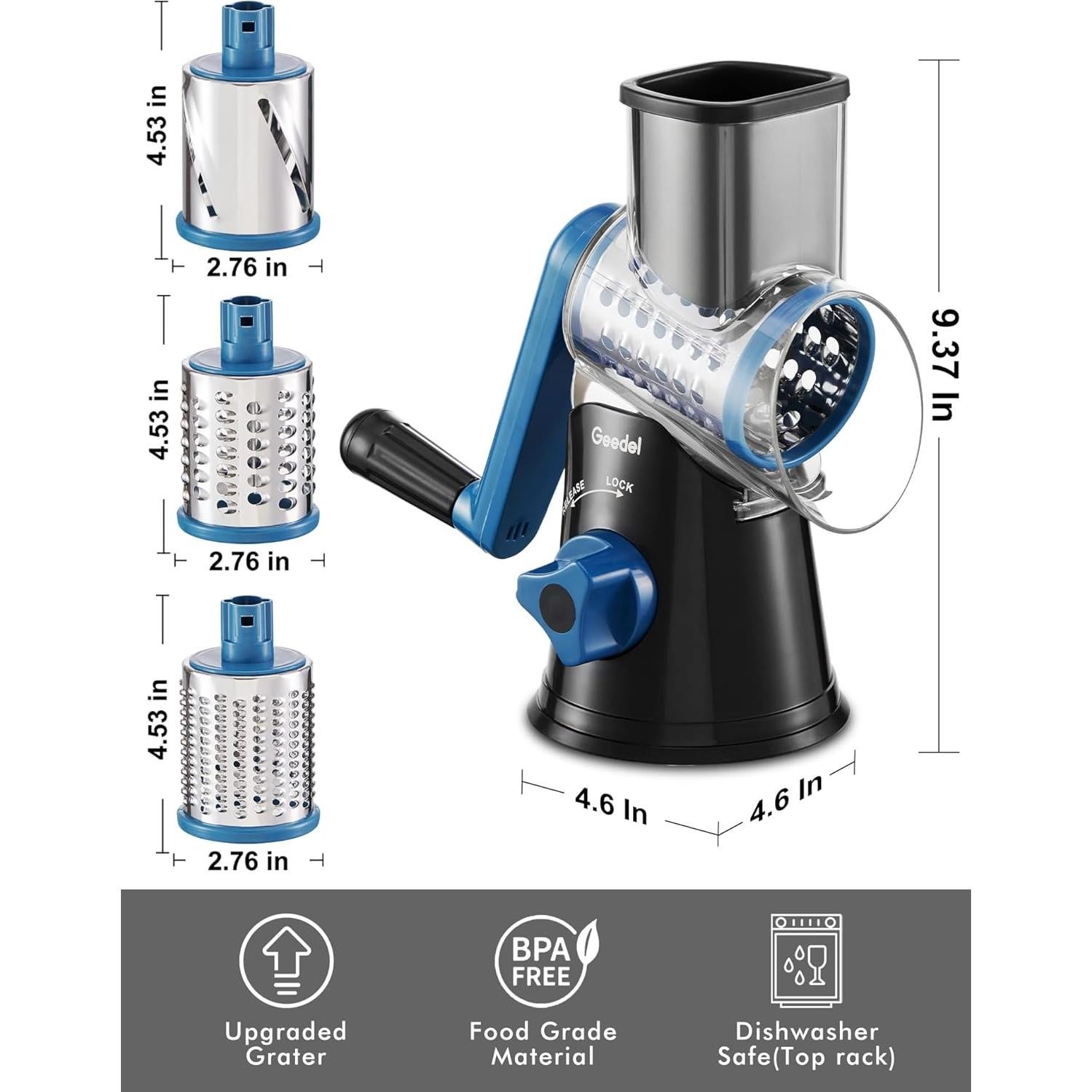 Rallador de Queso Rotativo Geedel con 3 Cuchillas Intercambiables