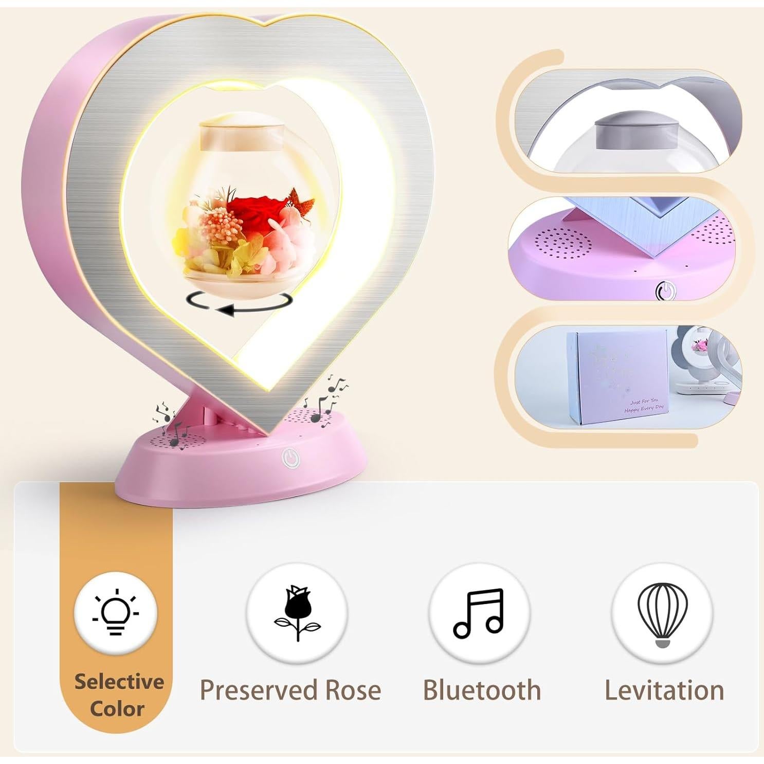 Lámpara de Mesa Levitante LoveLin con Rosa Preservada y Bluetooth