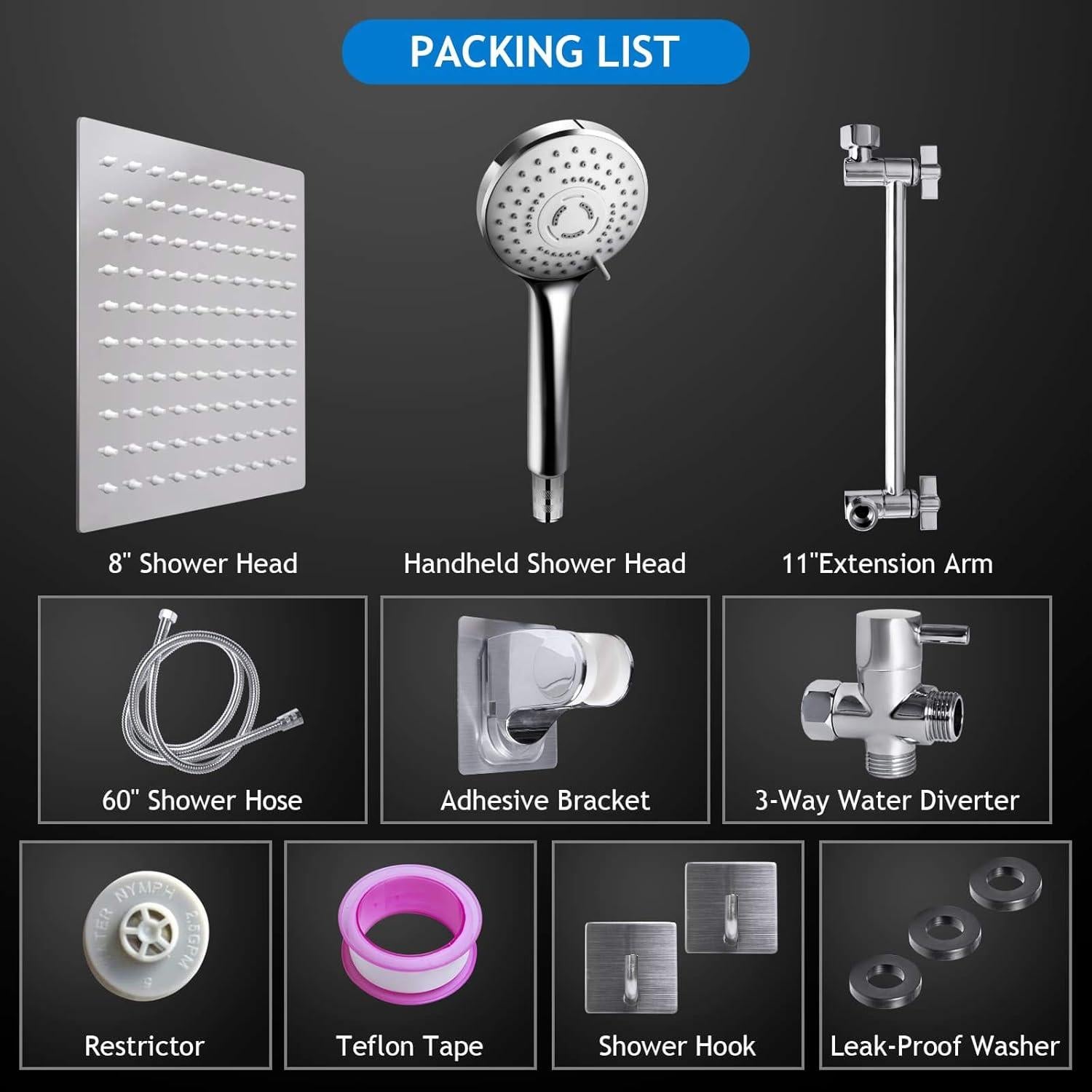 Combo Cabezal de Ducha PinWin 8" Lluvia y Mano 5 Modos