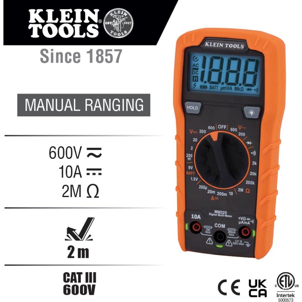 Multímetro Klein Tools MM325 Digital 600V AC/DC, Prueba de Baterías