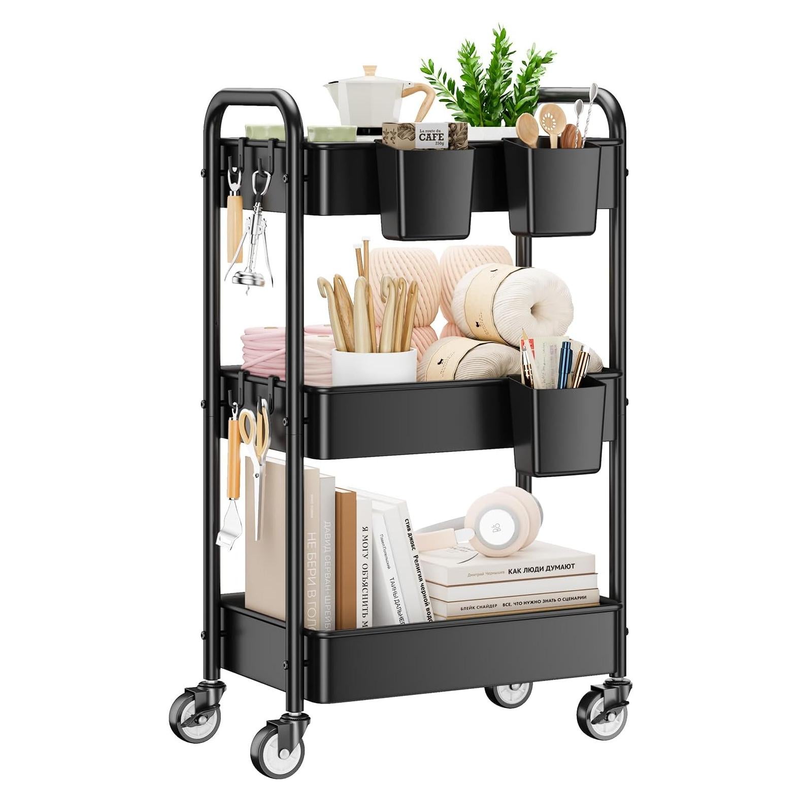 Carro Rodante de 3 Niveles YASONIC - Metal Negro, 30 kg