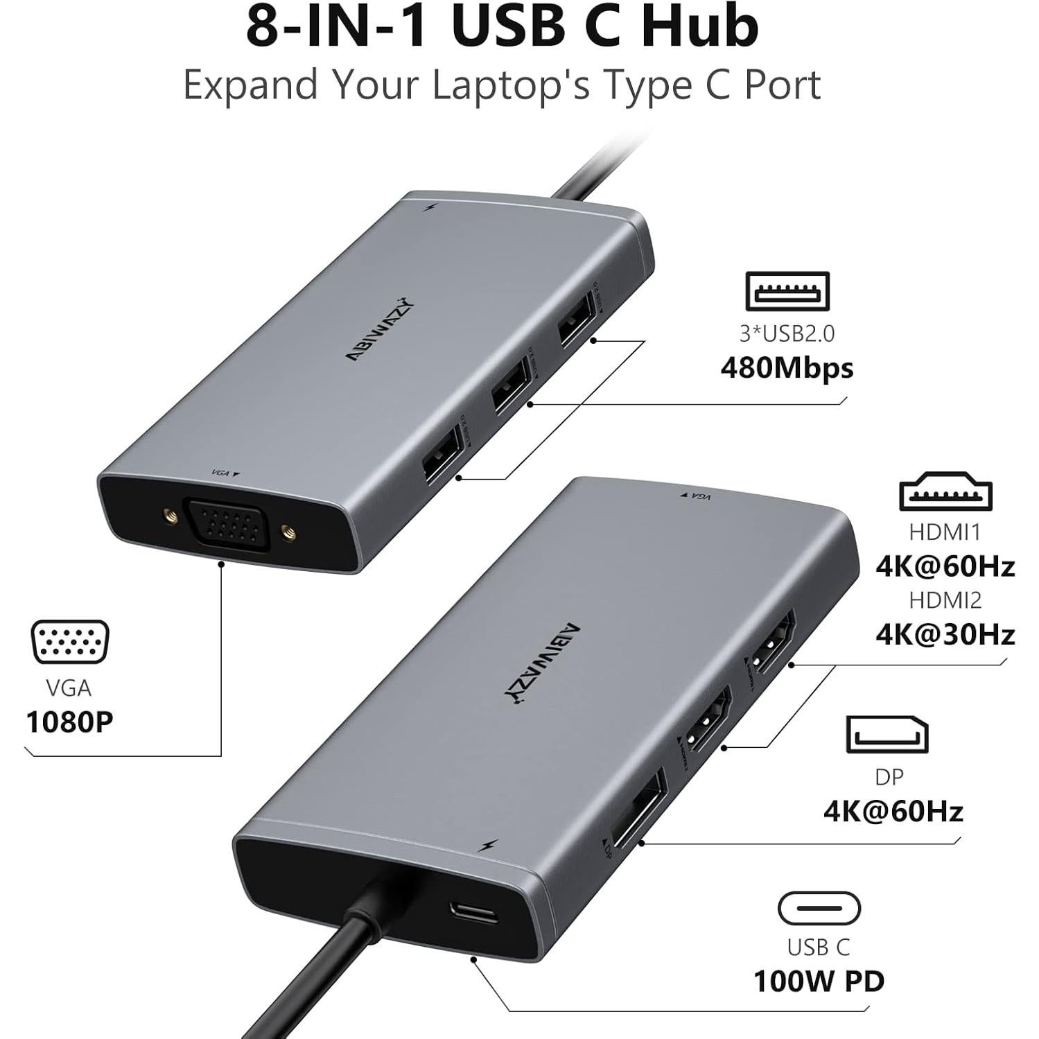 Estación de Acoplamiento USB C ABIWAZY 8 en 1 para Laptop 4K
