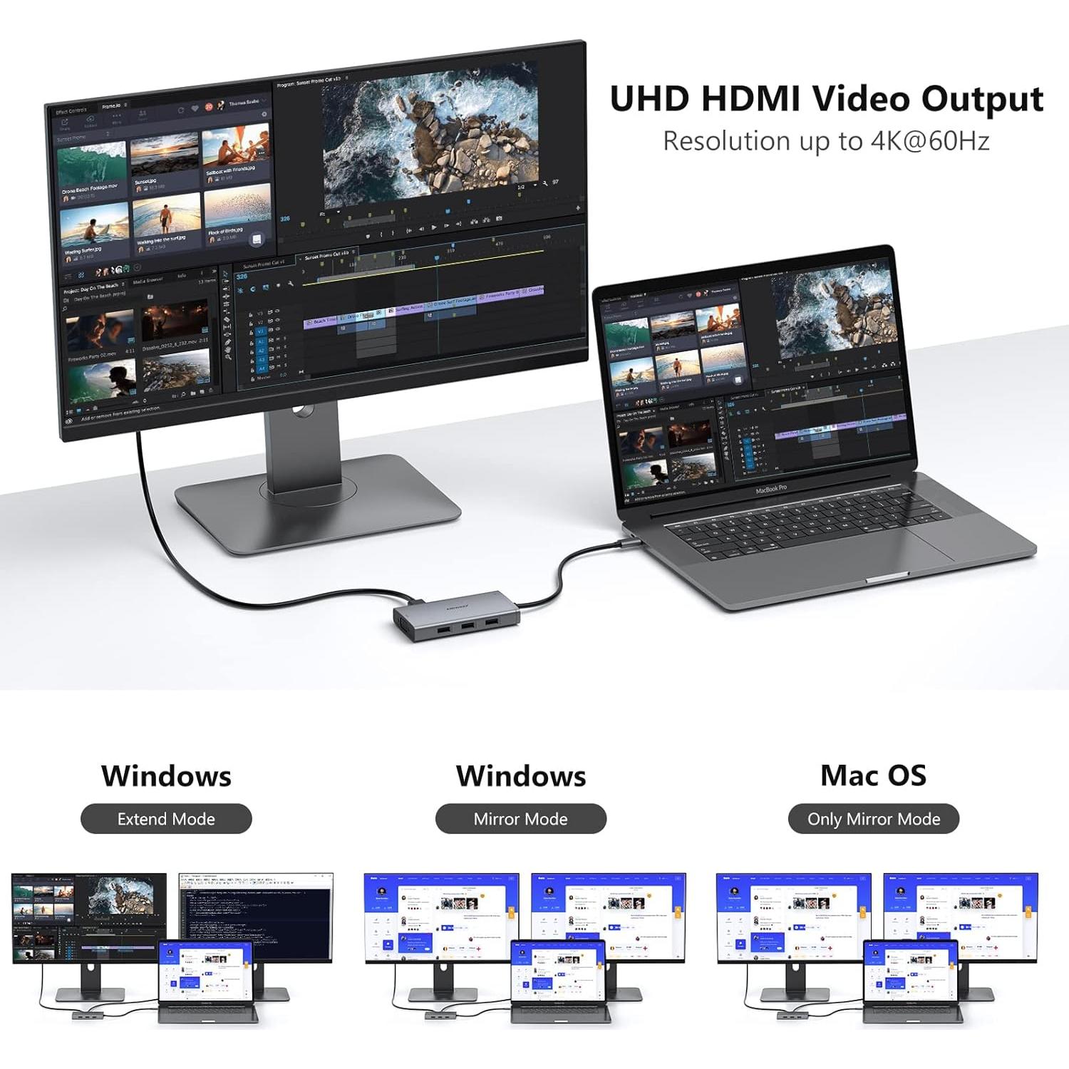 Estación de Acoplamiento USB C ABIWAZY 8 en 1 para Laptop 4K