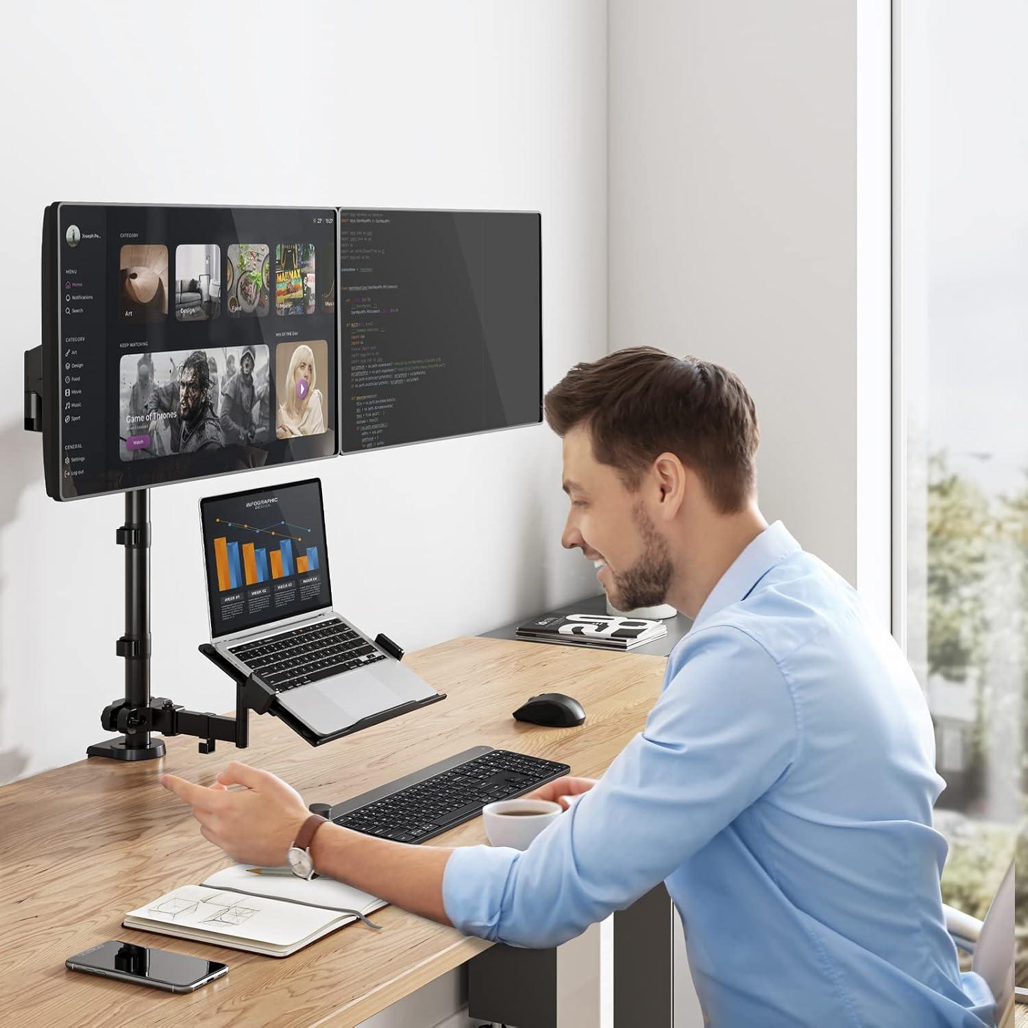 Soporte Doble para Monitor y Laptop WALI GSDM003LP Ajustable