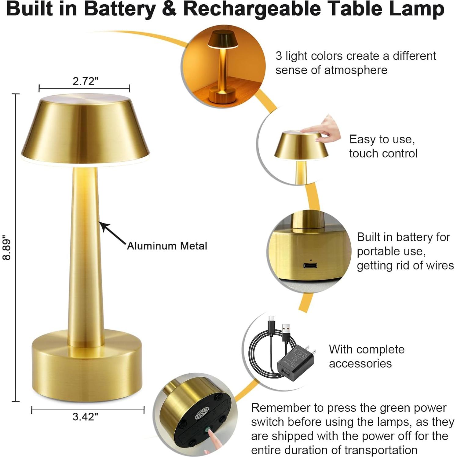 Lámpara de Mesa Inalámbrica Oro Recargable 2 Paquetes