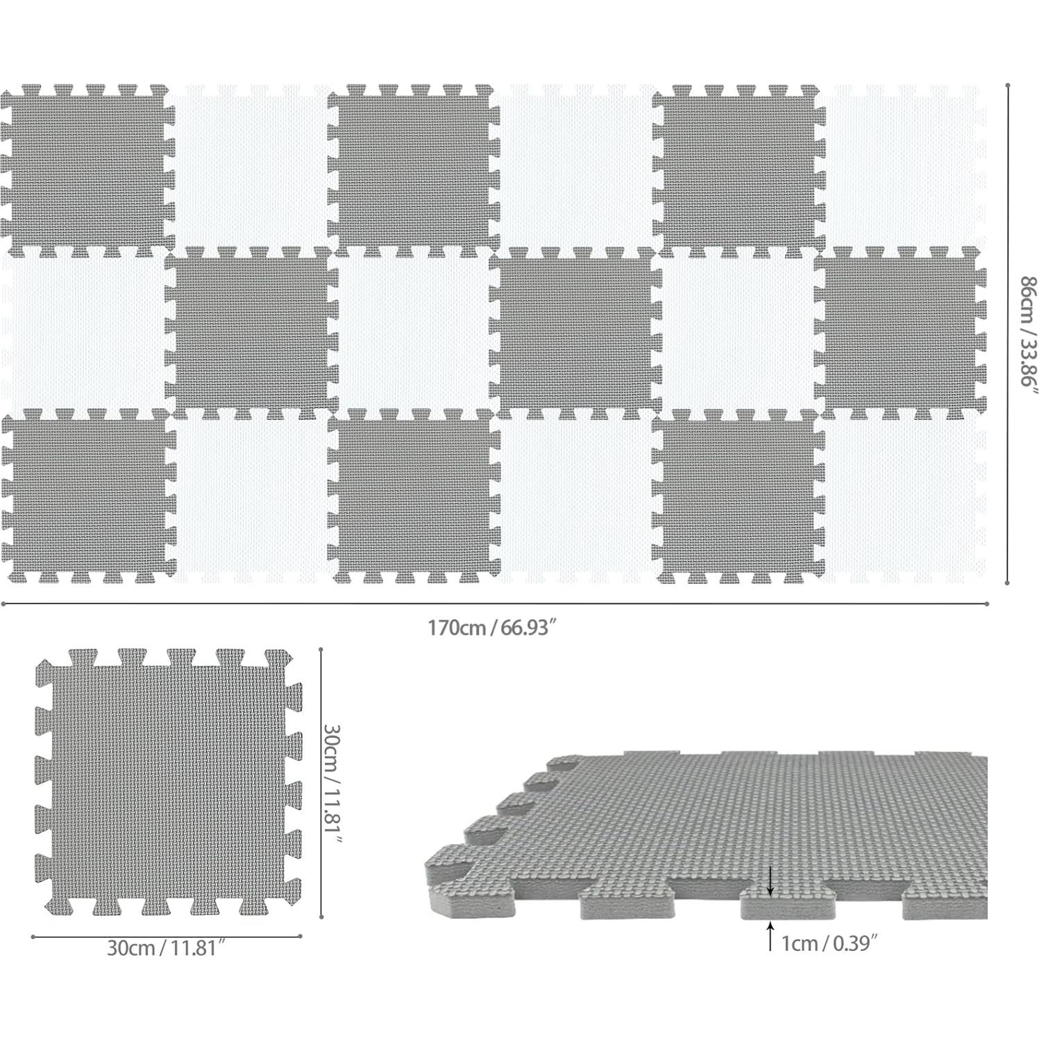 Alfombra de Puzzle EVA qqpp 18 Baldosas 30x30 cm Gris Blanco