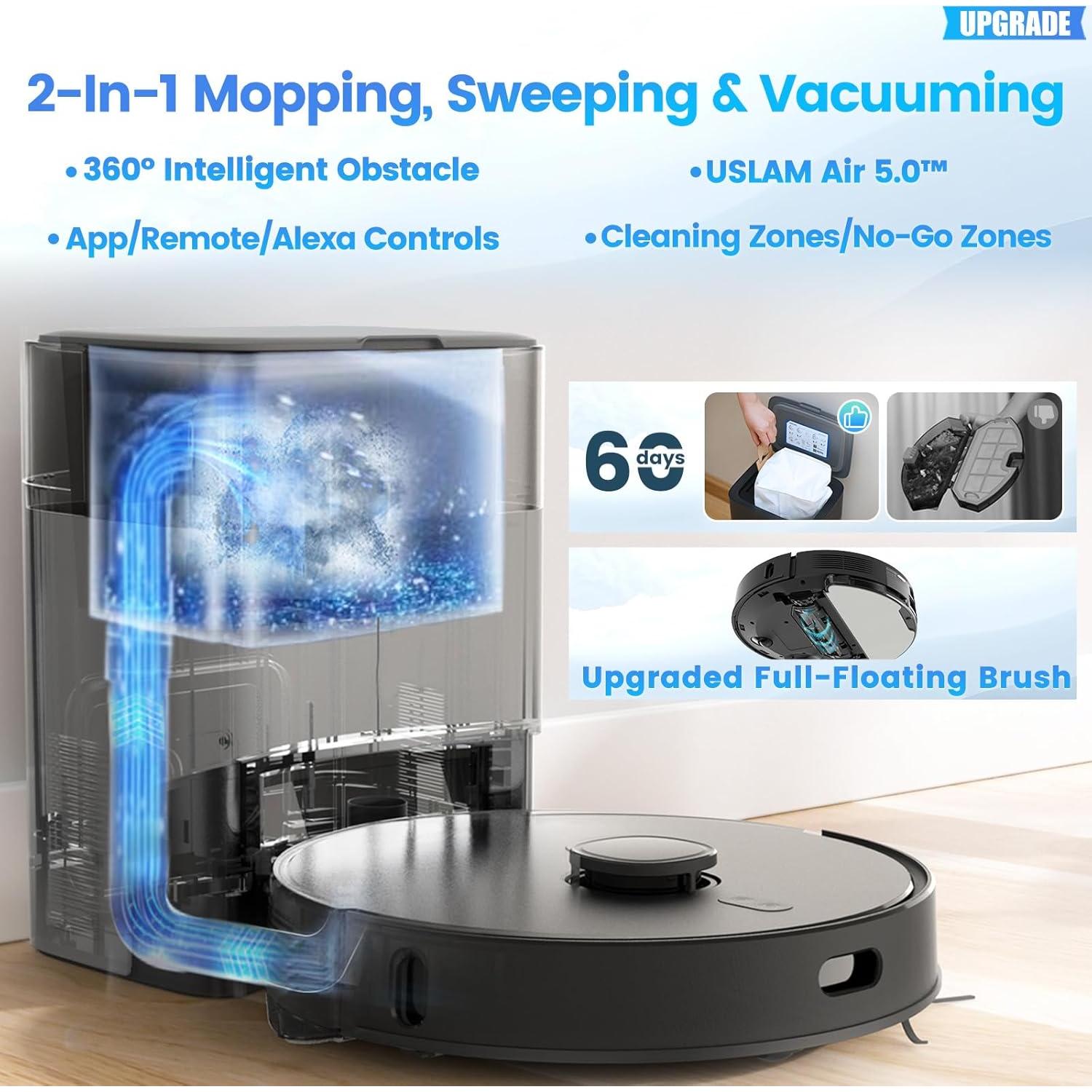 Robot Vacuum and Mop Combo, Self-Emptying, 60-Day Capacity, Schedule, 180mins Runtime, Home Mapping, Wi-Fi/App/Alexa/Remote, Robotic Vacuum Cleaner for Pet, Hard Floors, Carpet