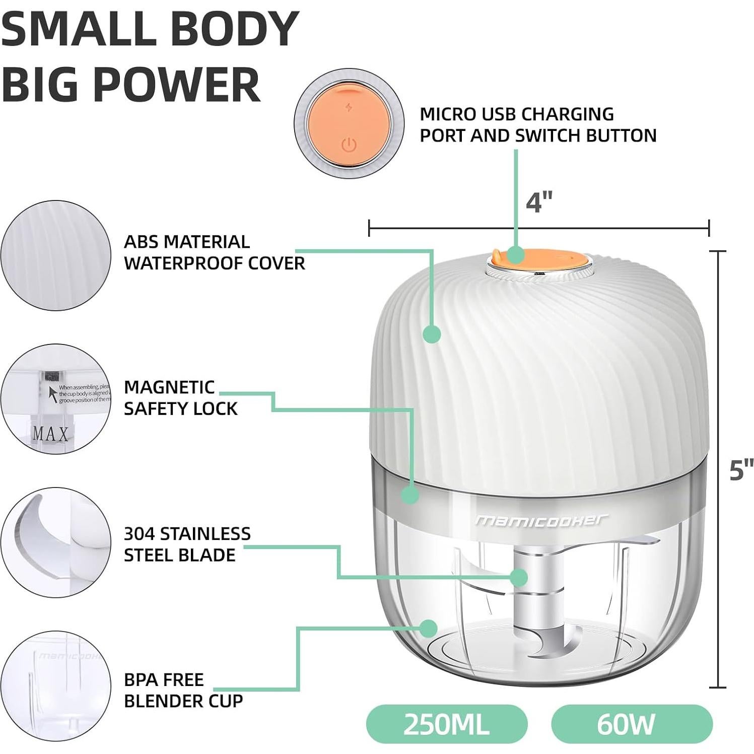 Picador de Ajo Eléctrico MAMICOOKER 250ml Inalámbrico
