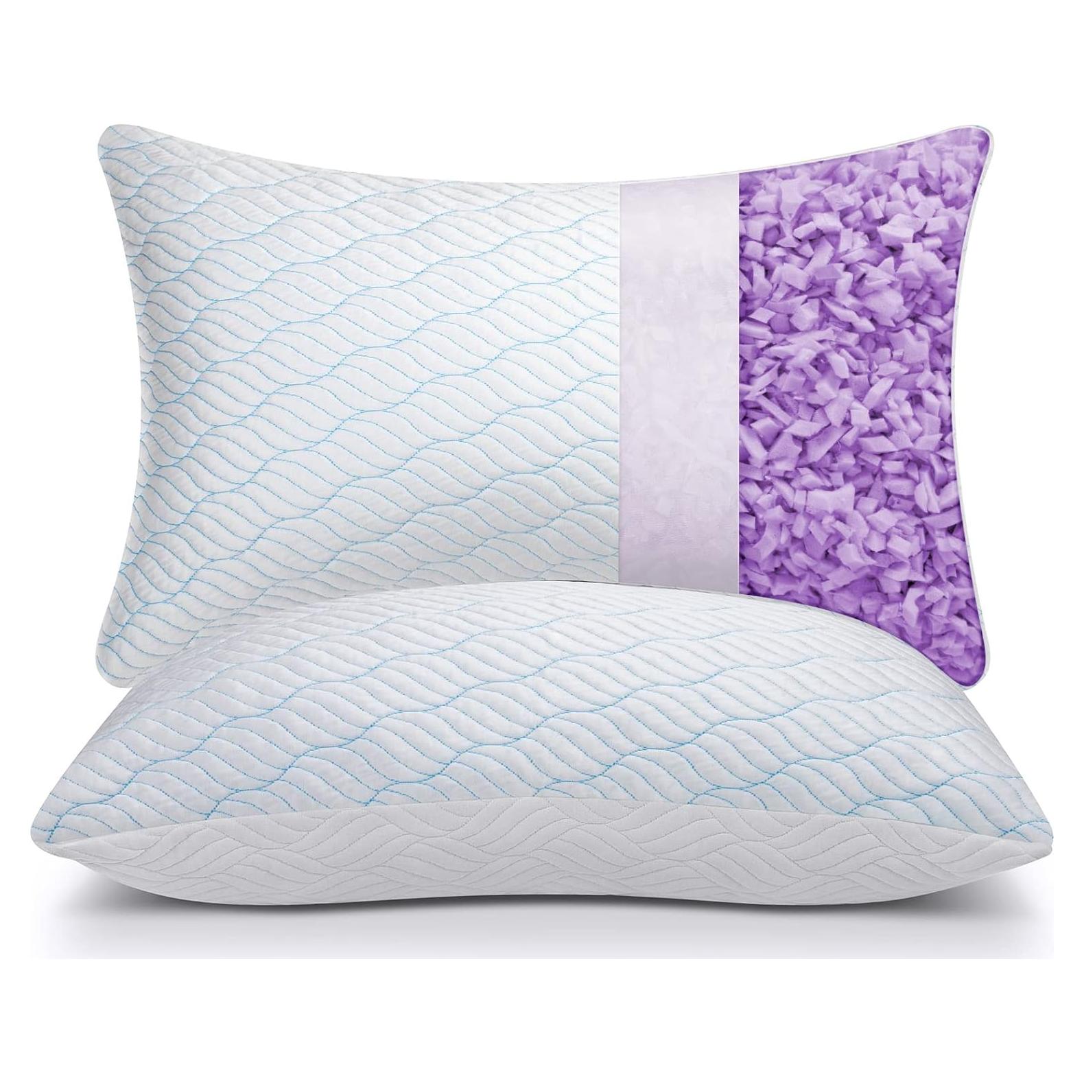 Cooling Shredded Memory Foam Pillows for Sleeping Cool Cold Pillow Standard Size Set of 2 with Zipper, Adjustable Firmness to Hot, Side, Back and Stomach Sleepers, 2 Pack, 20x26