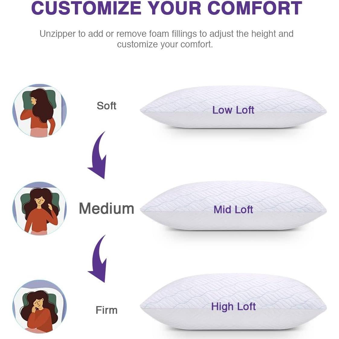 Cooling Shredded Memory Foam Pillows for Sleeping Cool Cold Pillow Standard Size Set of 2 with Zipper, Adjustable Firmness to Hot, Side, Back and Stomach Sleepers, 2 Pack, 20x26