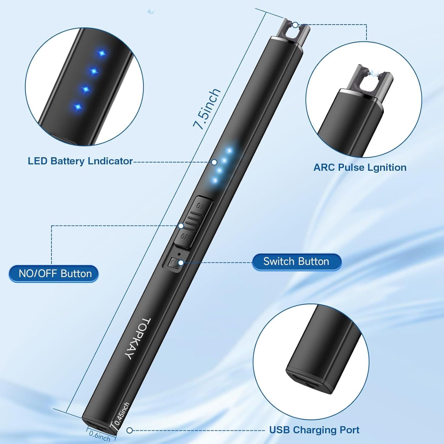 Encendedor Eléctrico Recargable TOPKAY Negro para Velas y Fuegos