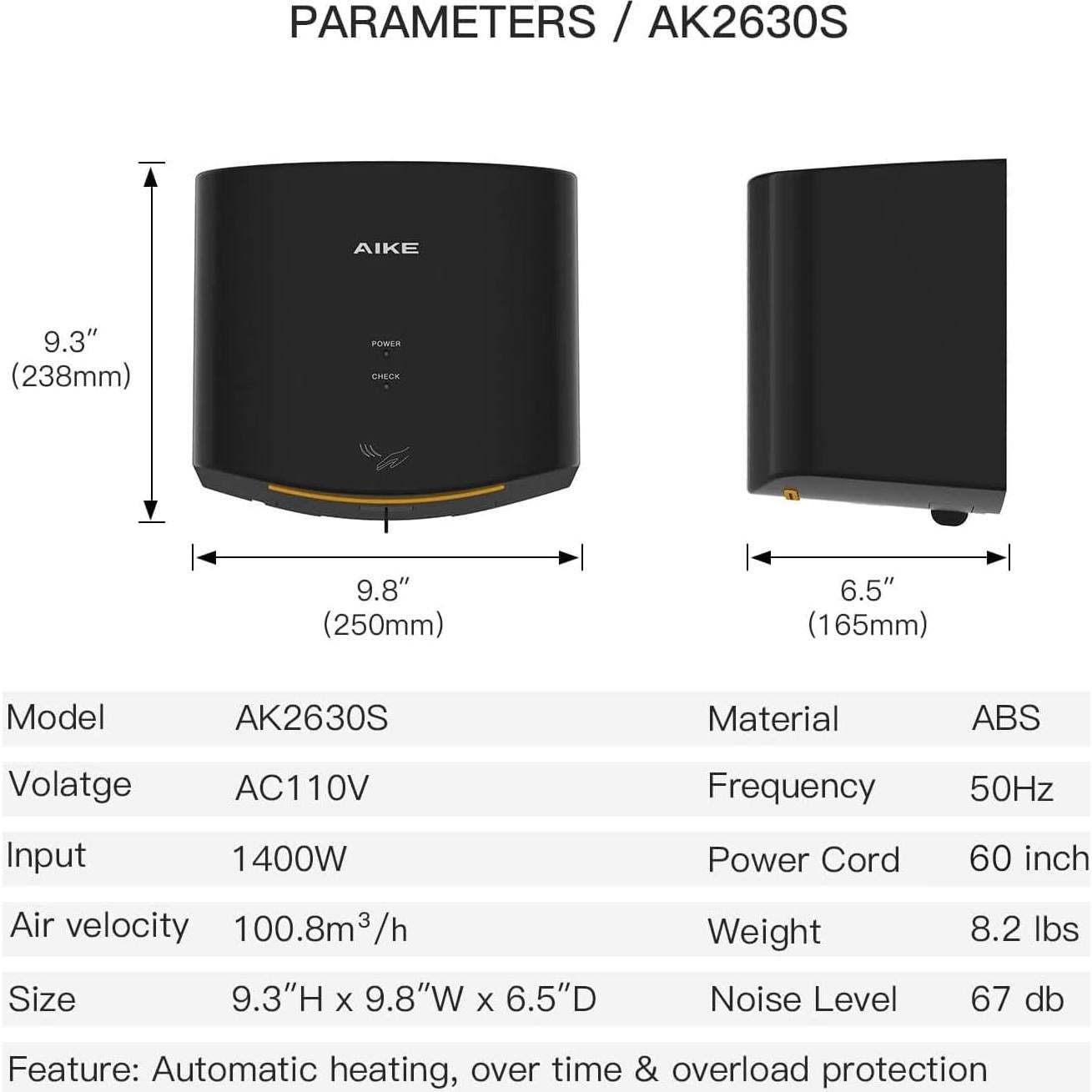 Secador de Manos Compacto AIKE AK2630 1400W Negro 1.4m