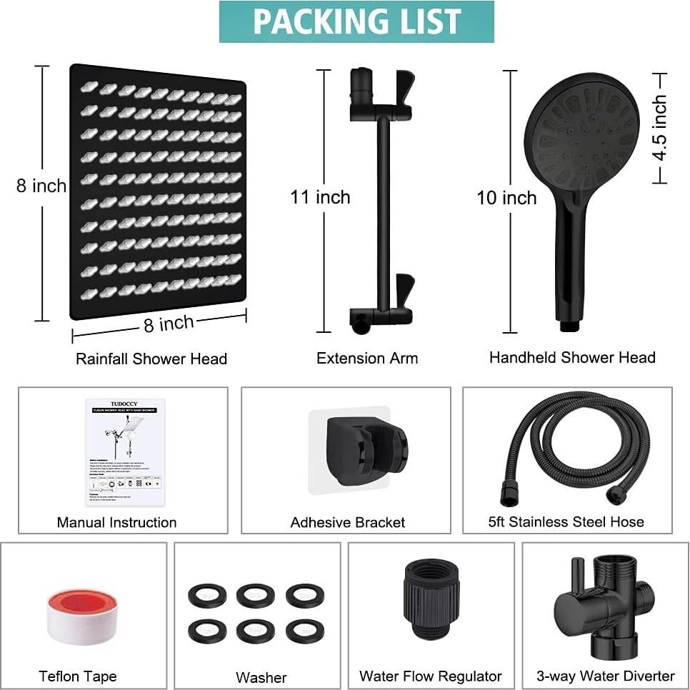Cabezal de Ducha Tudoccy 20 cm Alta Presión 9 Configuraciones