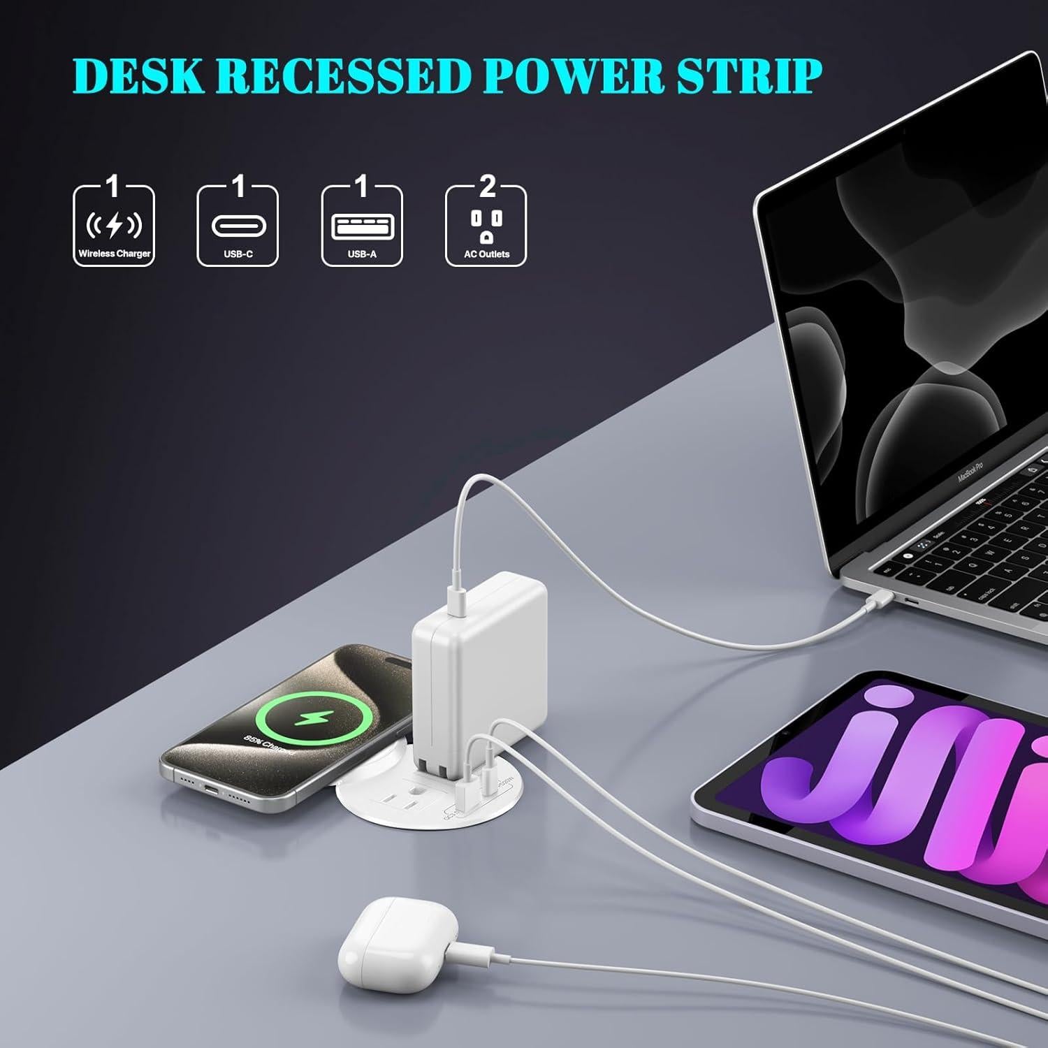 Regleta de Poder Empotrada XBA con USB-C 20W y Carga Inalámbrica 15W