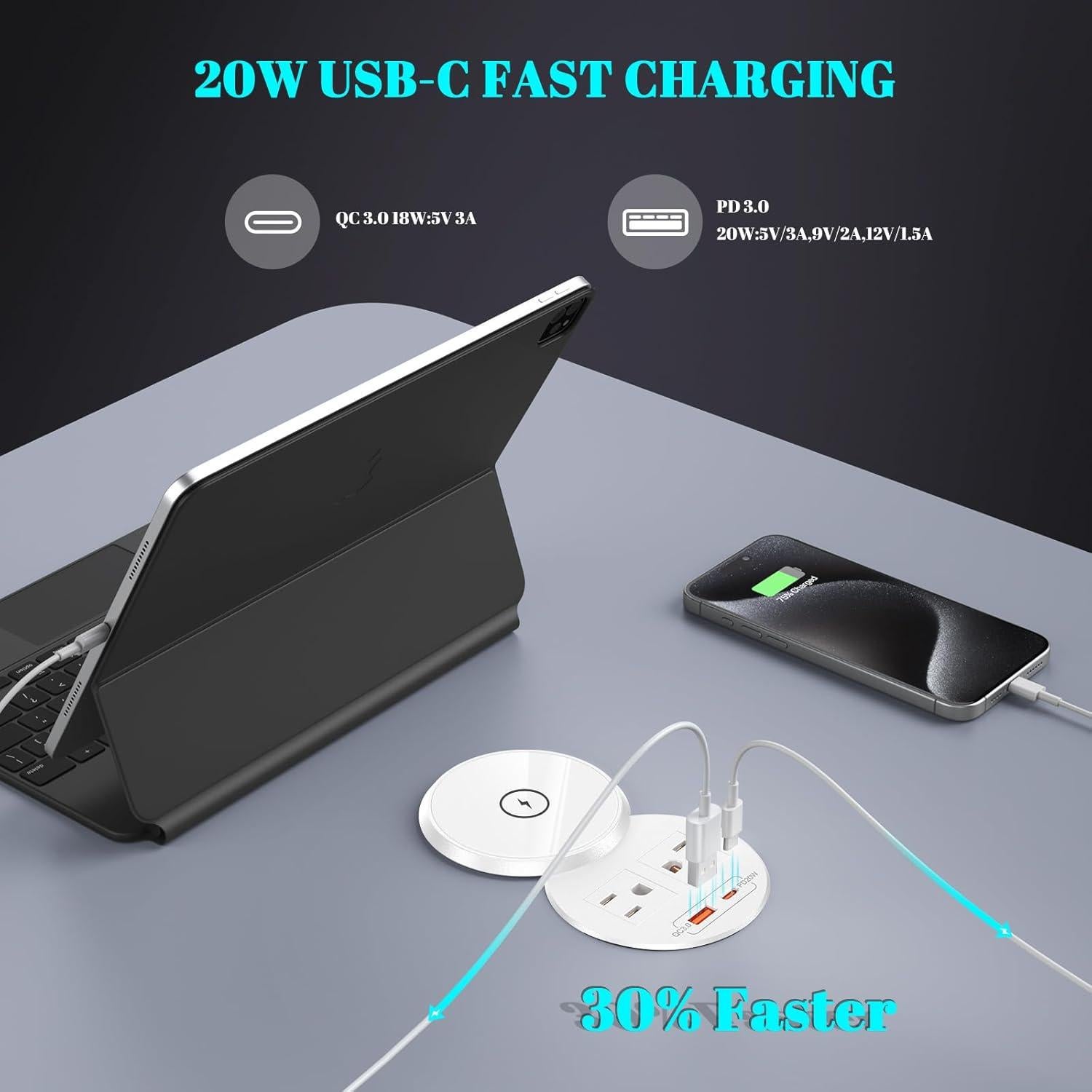 Regleta de Poder Empotrada XBA con USB-C 20W y Carga Inalámbrica 15W