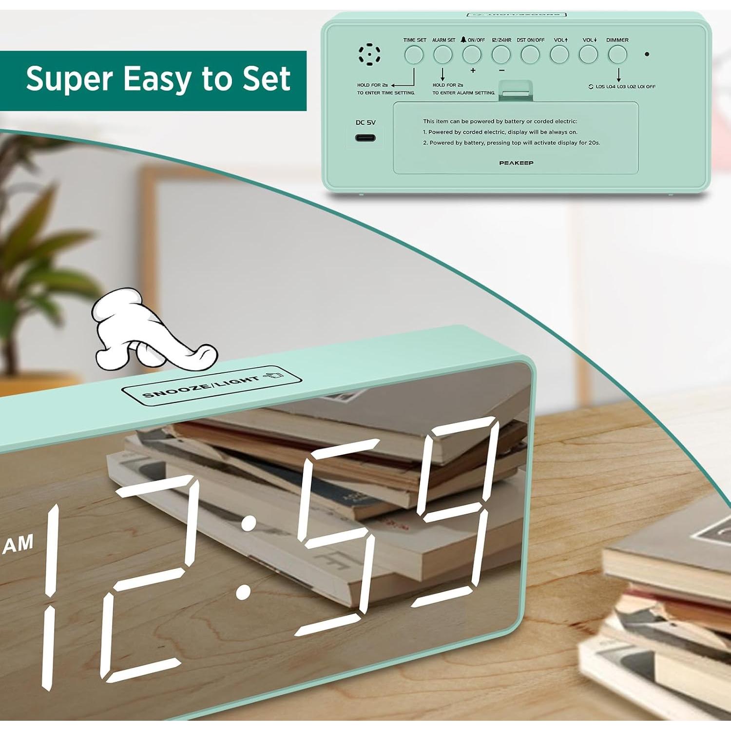 Reloj Despertador Digital Peakeep con Pantalla Espejo 17.8x8.4cm