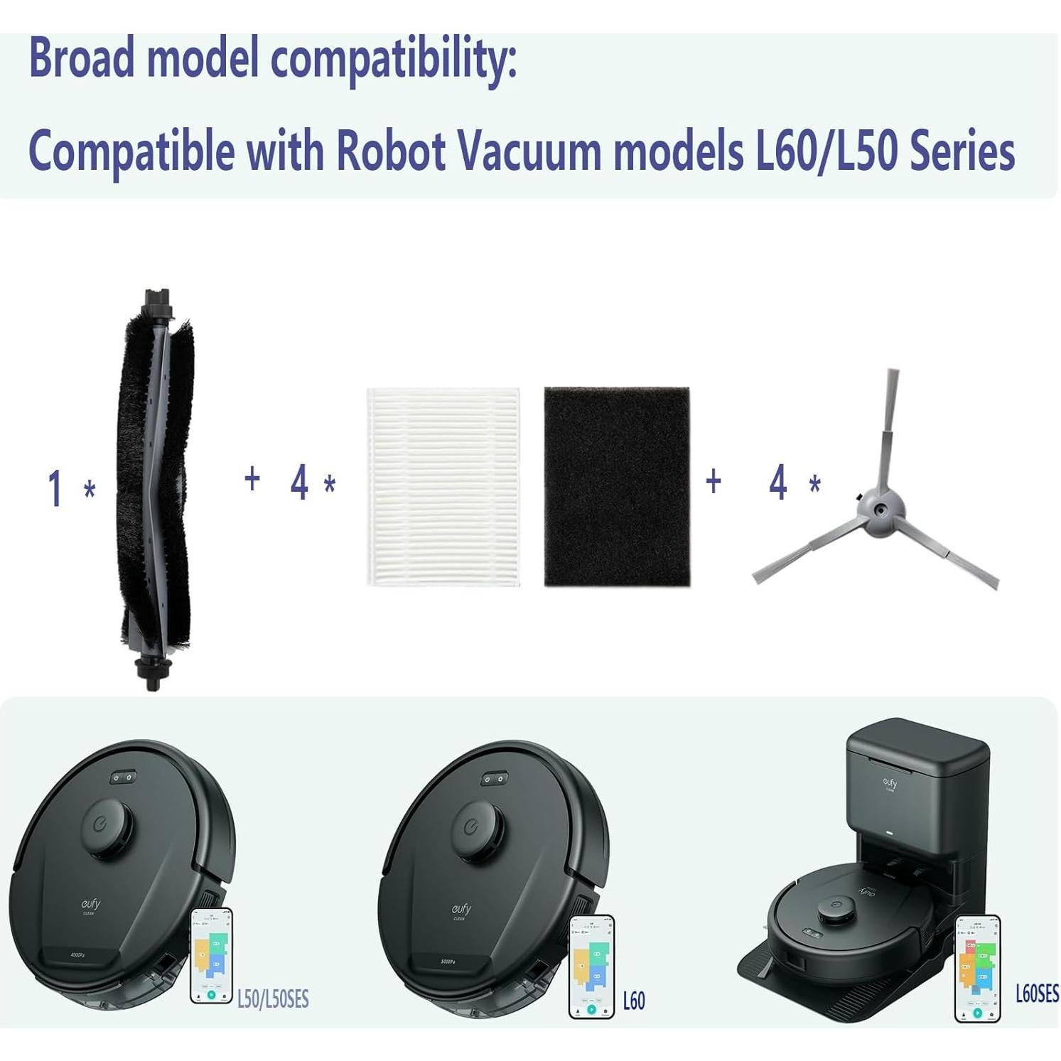 Piezas de Repuesto DovLazm para Robot Aspirador Eufy L60/L50 - 1 Cepillo Rodante, 4 Filtros y 4 Cepillos Laterales