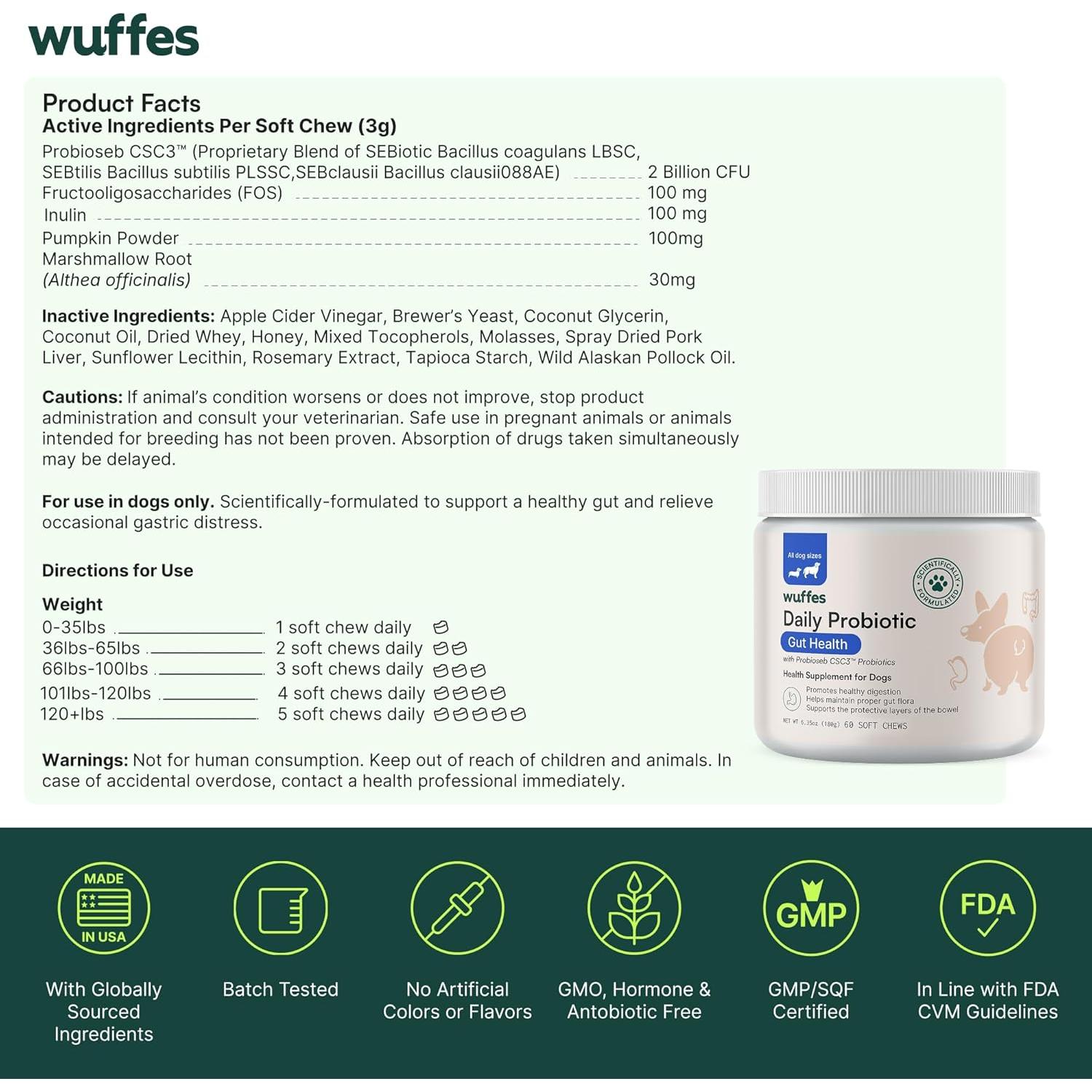 Probiotico Diario Wuffes para Perros 60 Masticables Suaves