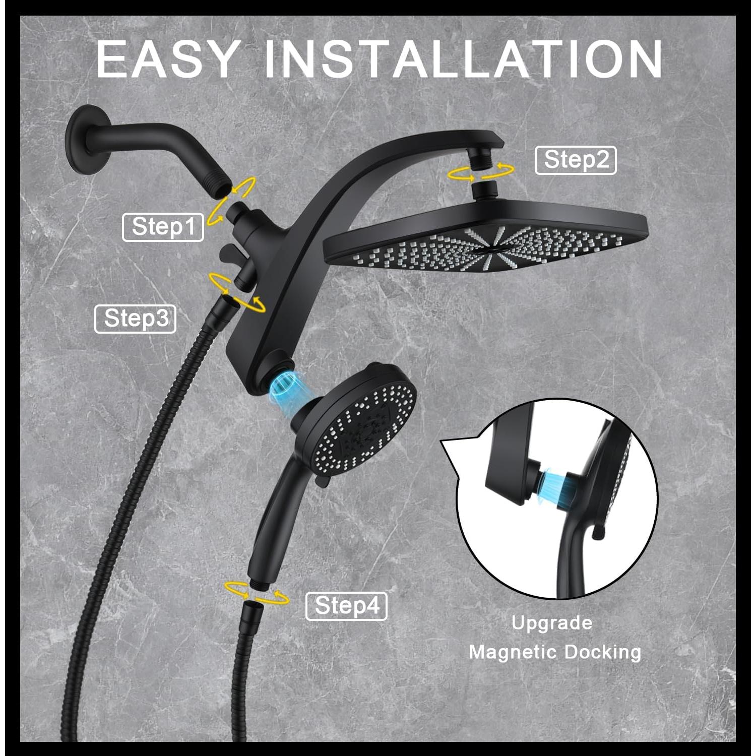 Cabezal de Ducha de Alta Presión BOZYBO 12" Negro con 10 Modos