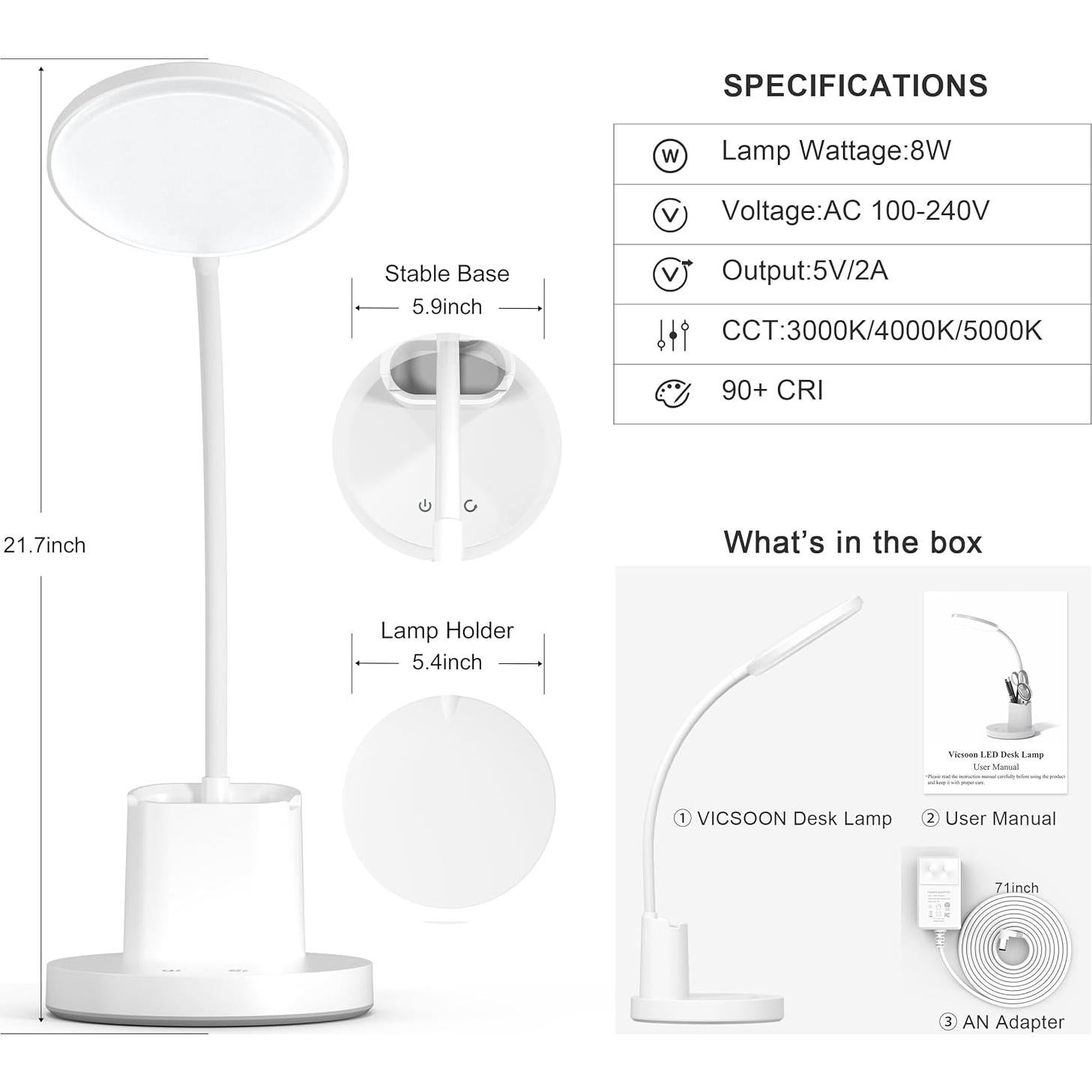 Lámpara LED de Escritorio Vicsoon HM-TD-8W-001 3 Modos Color