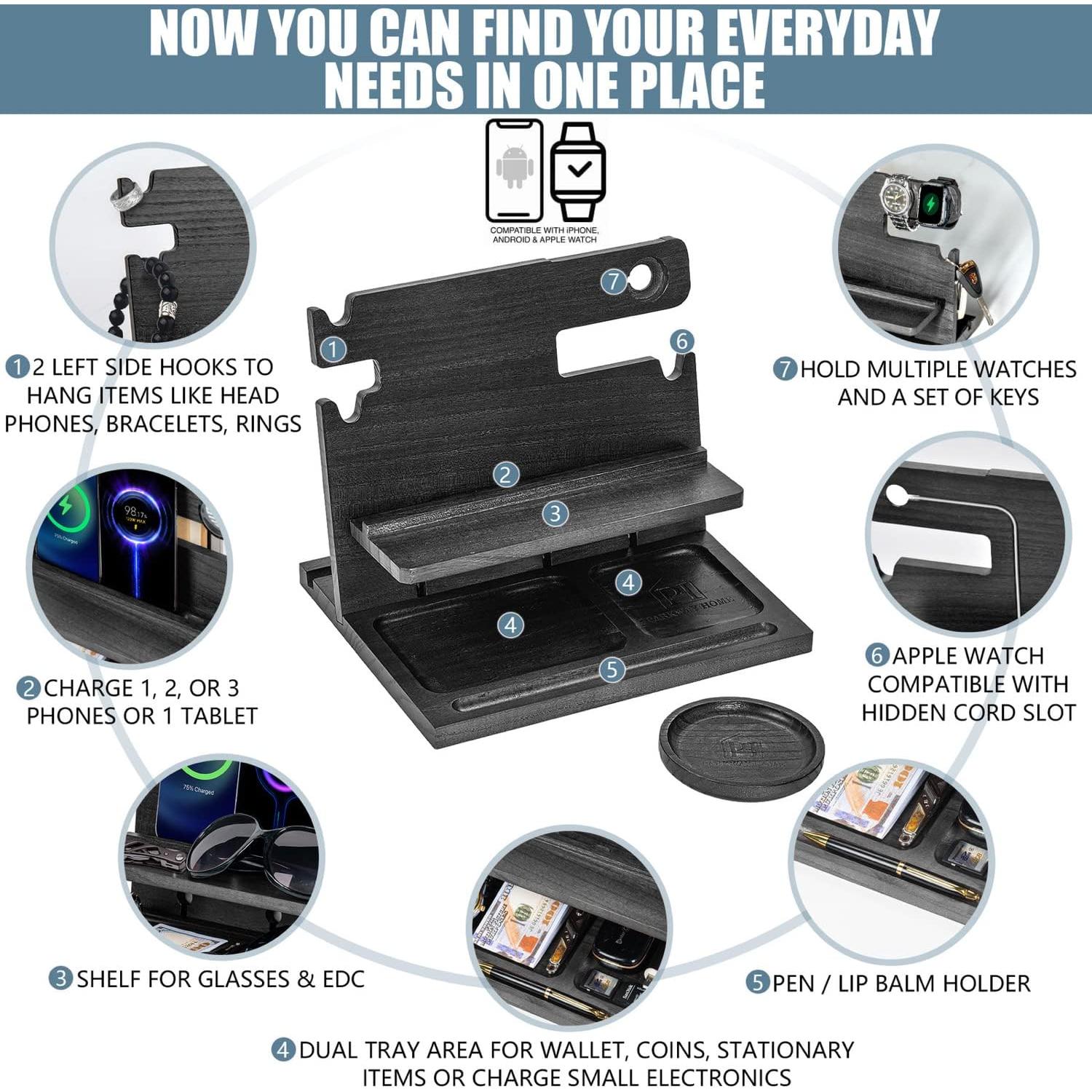 Estación de Acoplamiento de Madera Negra Parkway Home para 3 Teléfonos