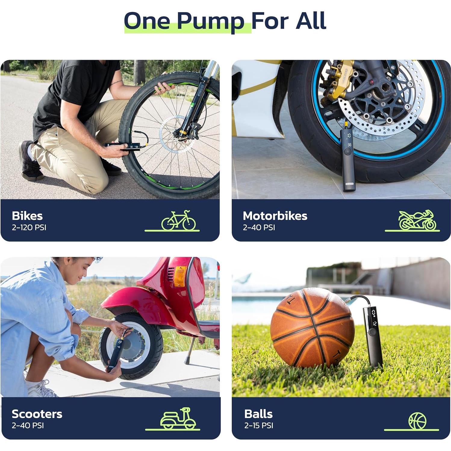 Woowind BP188 Bike Pump, The Pro Electric Bicycle Pump Tire Inflator Portable Air Compressor with Schrader, Presta and Dunlop Valve Adapters - 120~150PSI Options